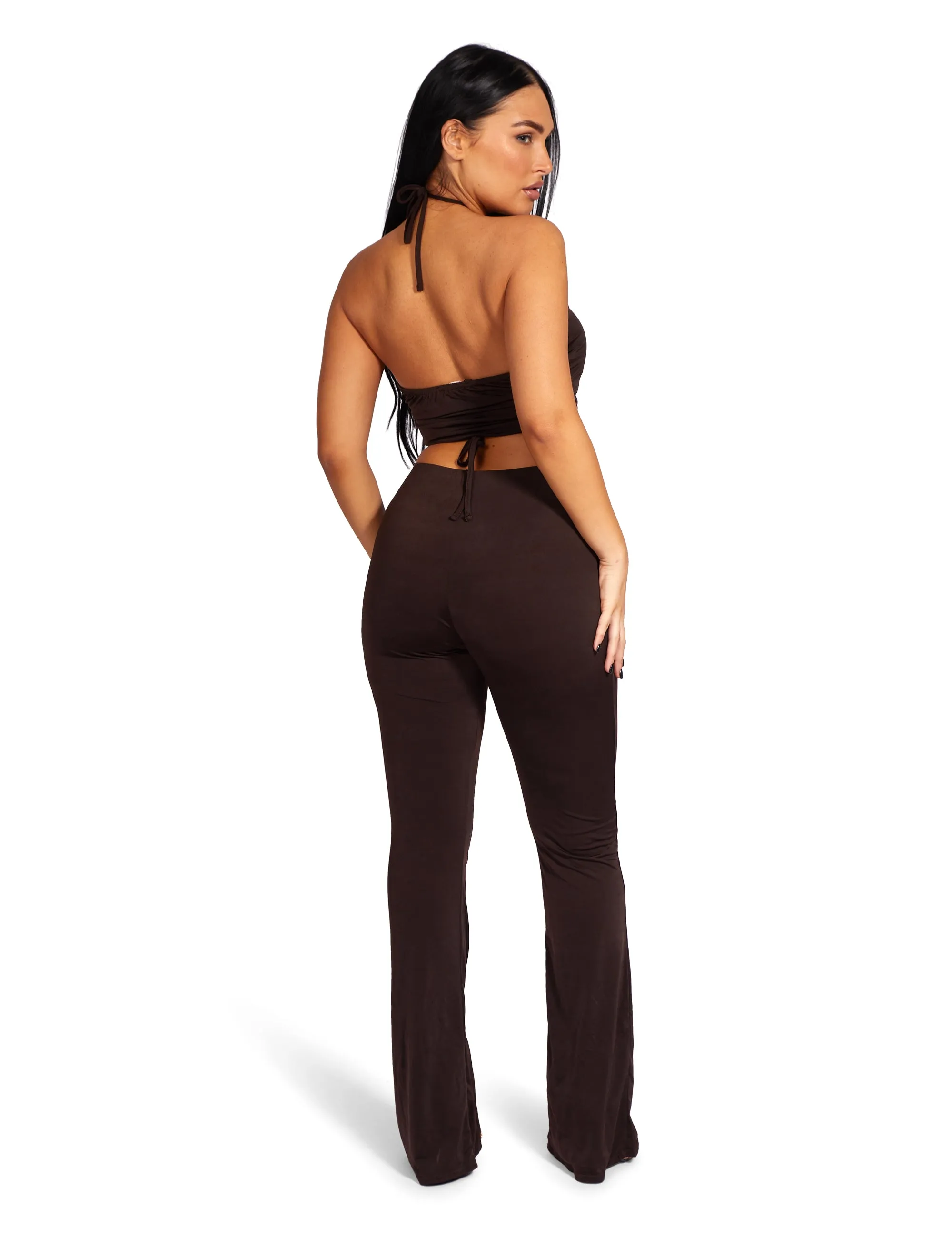 Loop Ruched High Waist Split Trousers Chocolate