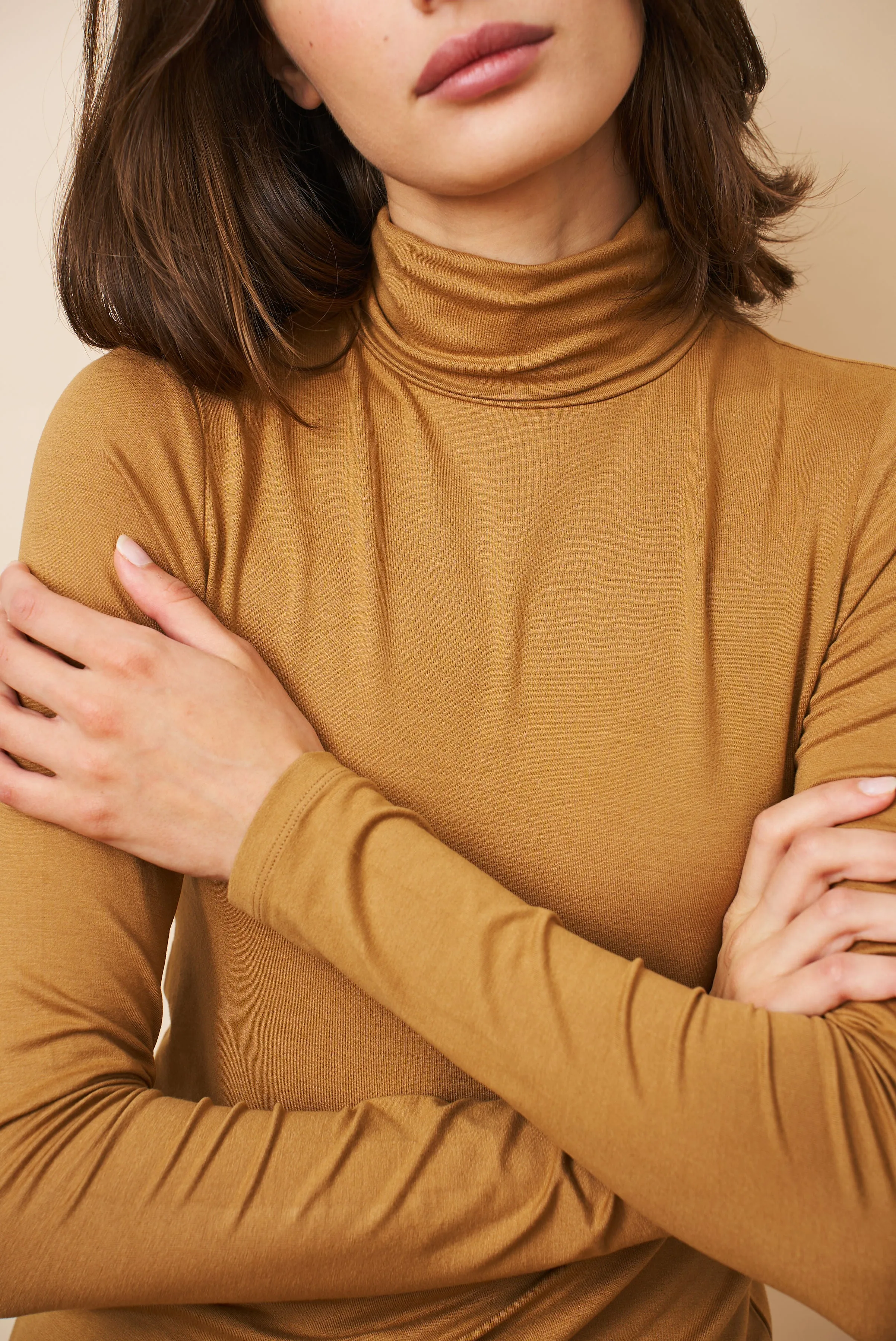 Majestic Soft Touch Long Sleeve Turtleneck in Chamois