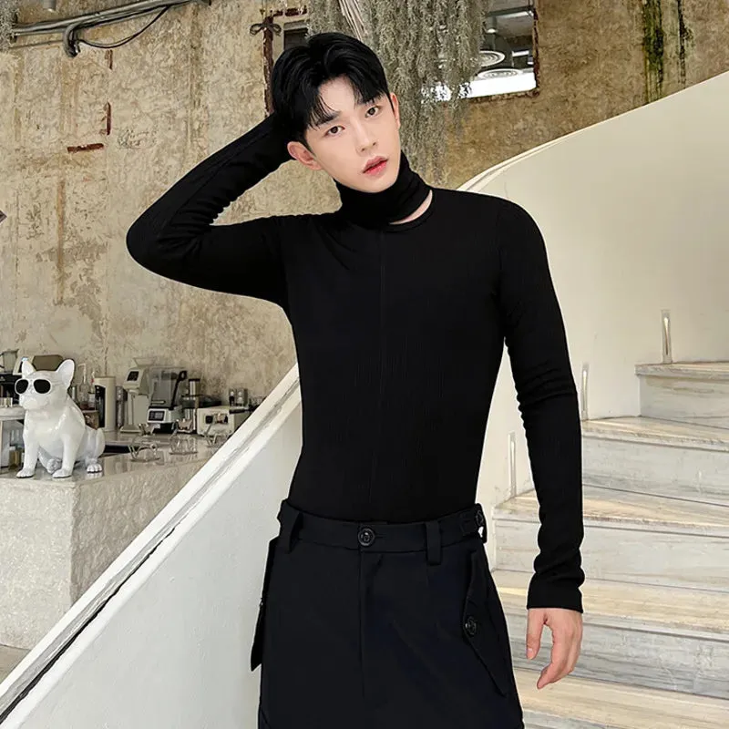 Male Top Versatile Tight Hollow Out Inner Turtleneck Solid Color Long Sleeve T-shirt 2023 Autumn Fashion Sexy 9C1356