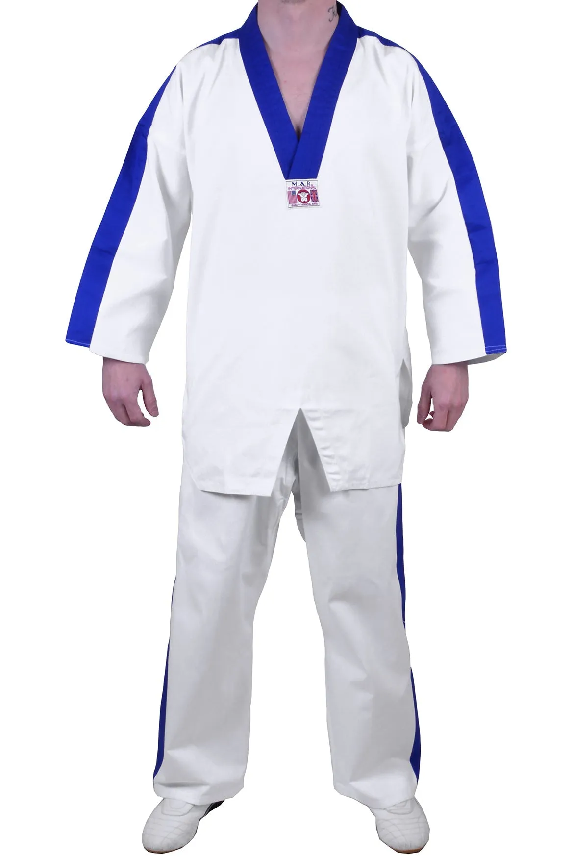 MAR-007 | White Karate & Freestyle Uniform w/ Blue Trim (8oz Fabric)