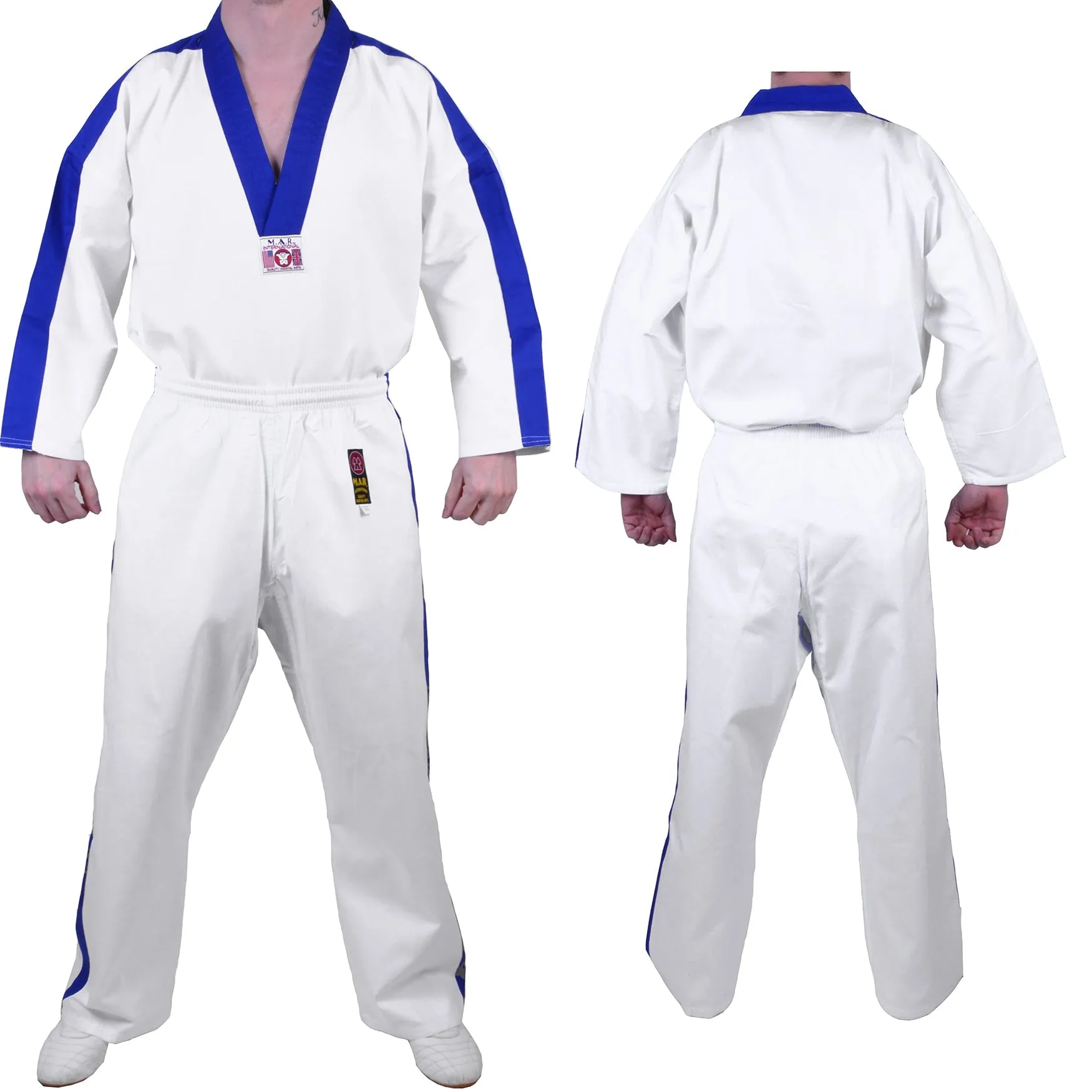 MAR-007 | White Karate & Freestyle Uniform w/ Blue Trim (8oz Fabric)