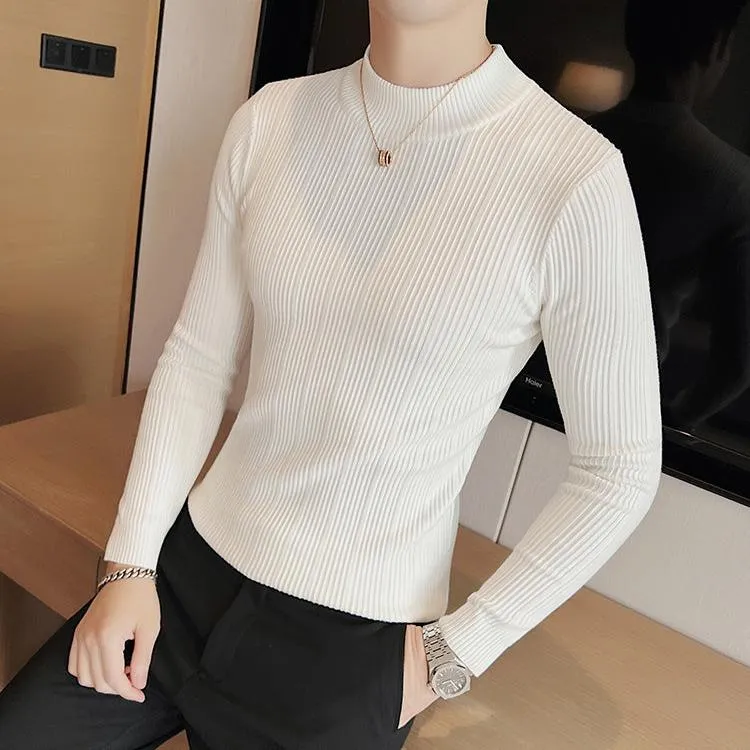 Men’s Slim Fit Turtleneck Knitted Sweater – Autumn Casual Striped Pullover Warm Top