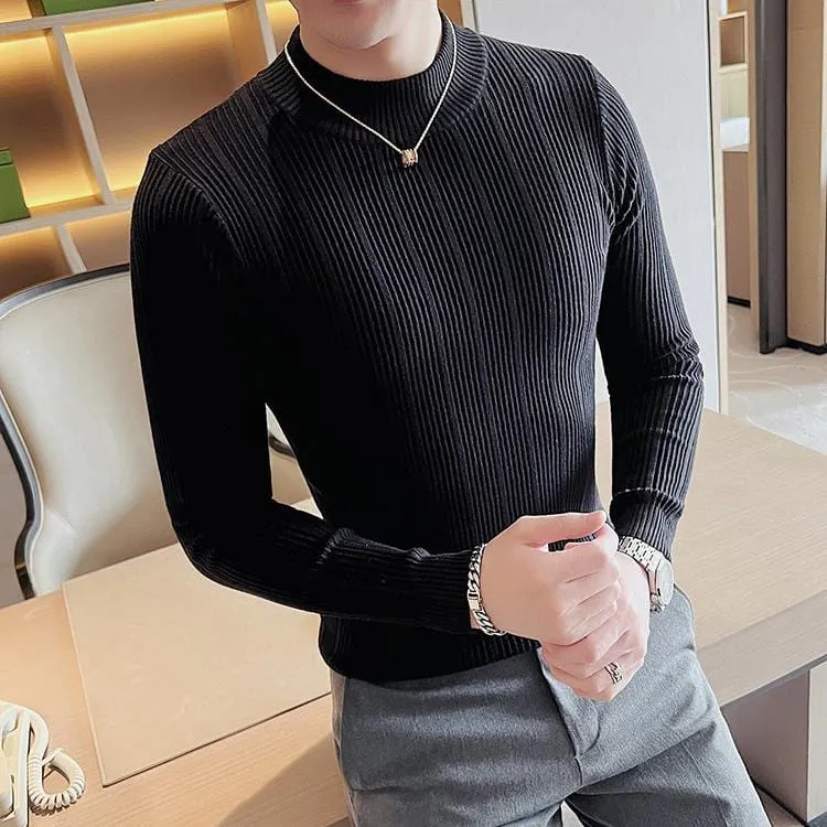 Men’s Slim Fit Turtleneck Knitted Sweater – Autumn Casual Striped Pullover Warm Top