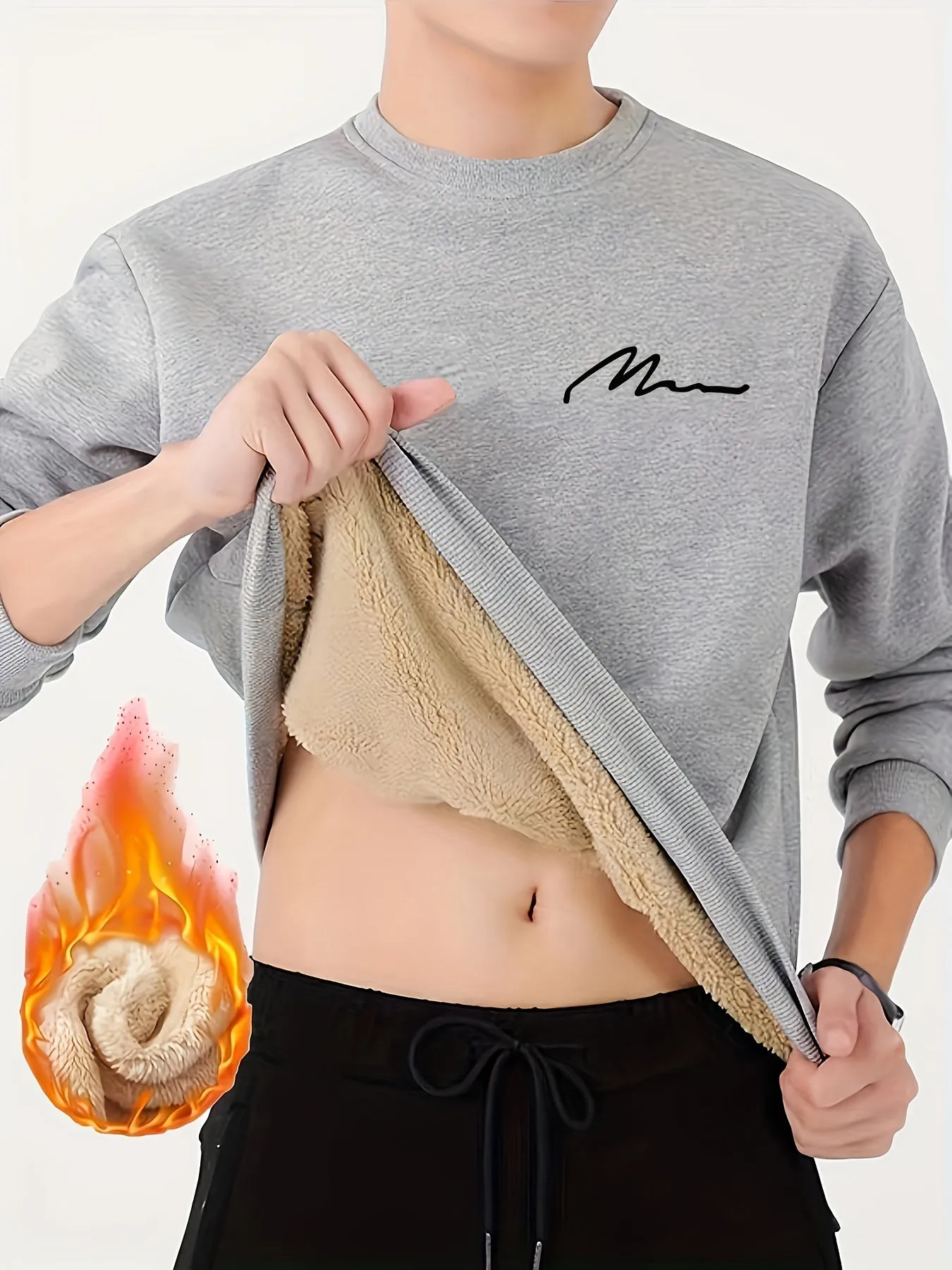 Mens Trendy Thermal Fleece Sweatshirt Classic Crew Neck for FallWinter