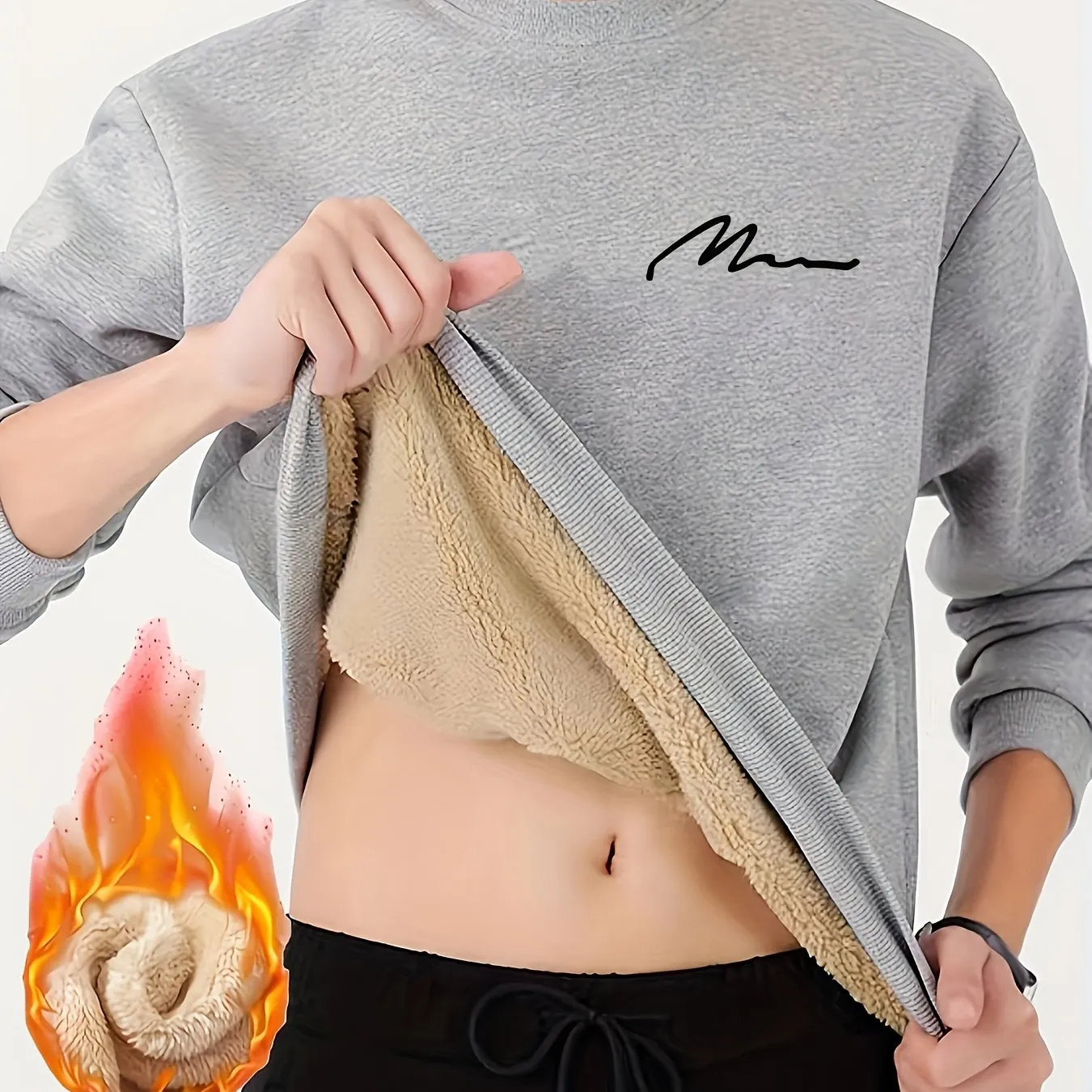 Mens Trendy Thermal Fleece Sweatshirt Classic Crew Neck for FallWinter