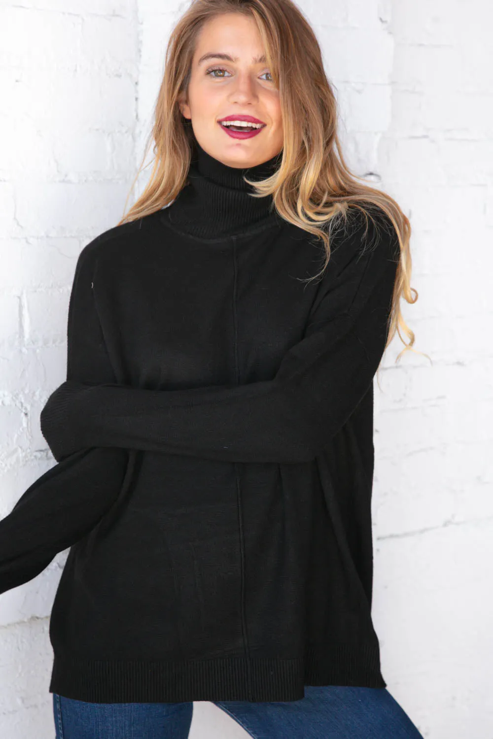 Midnight Black Out Seam Turtleneck Sweater