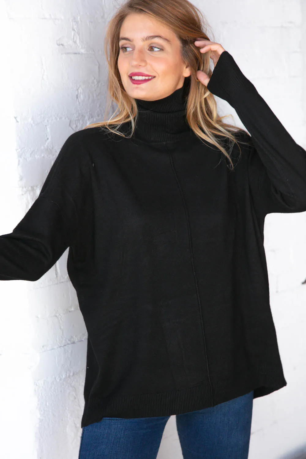 Midnight Black Out Seam Turtleneck Sweater