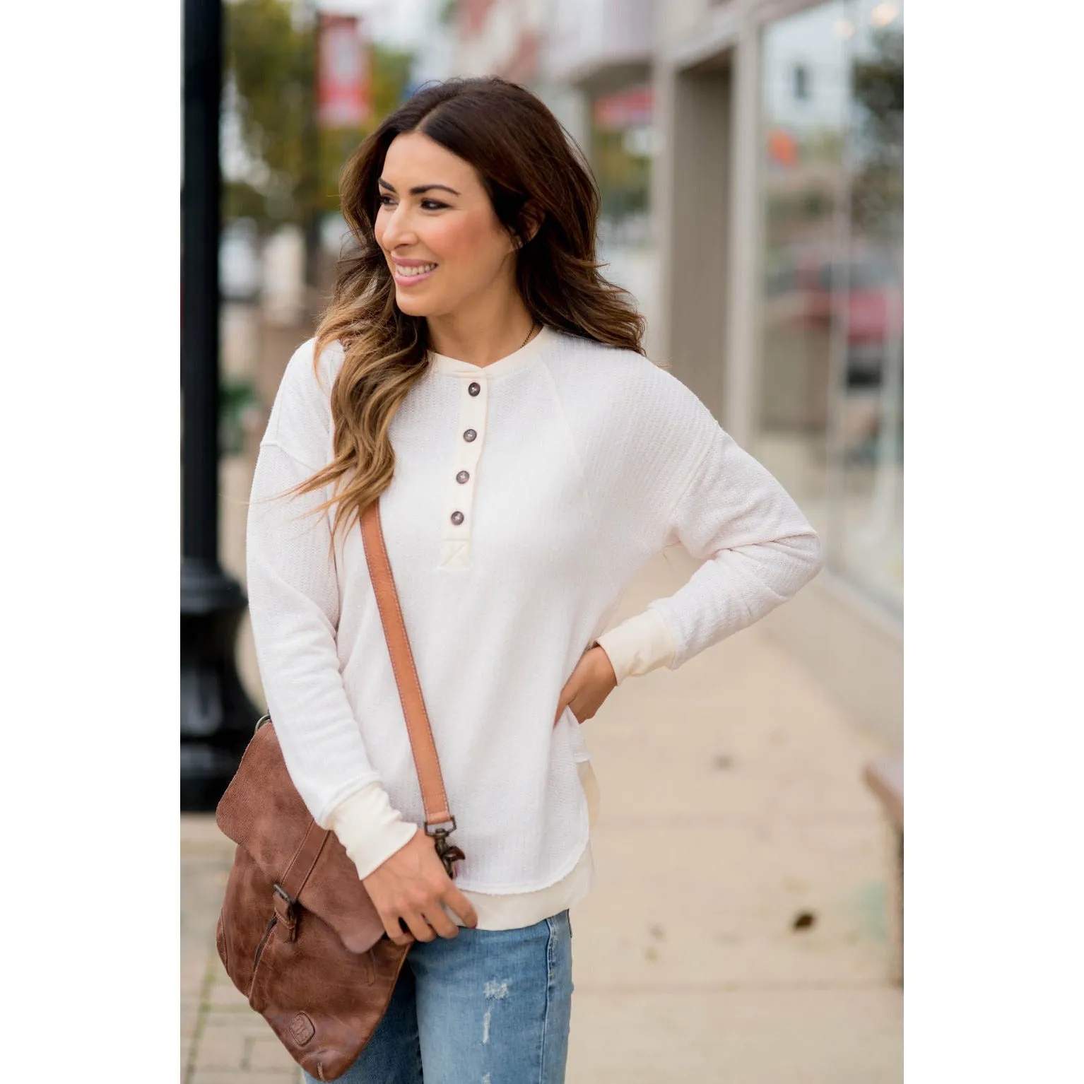 Mock Layered Button Thermal Sweatshirt