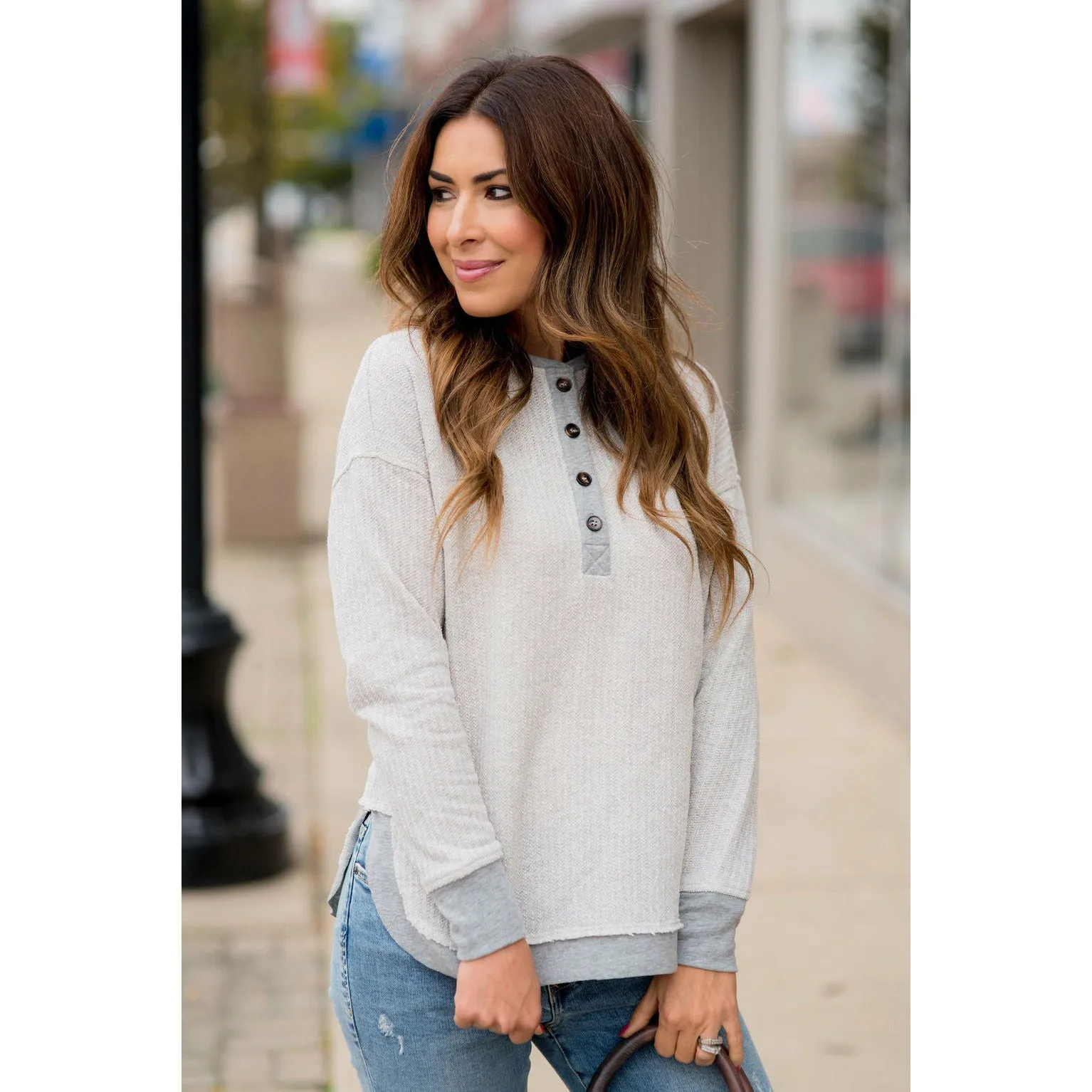 Mock Layered Button Thermal Sweatshirt