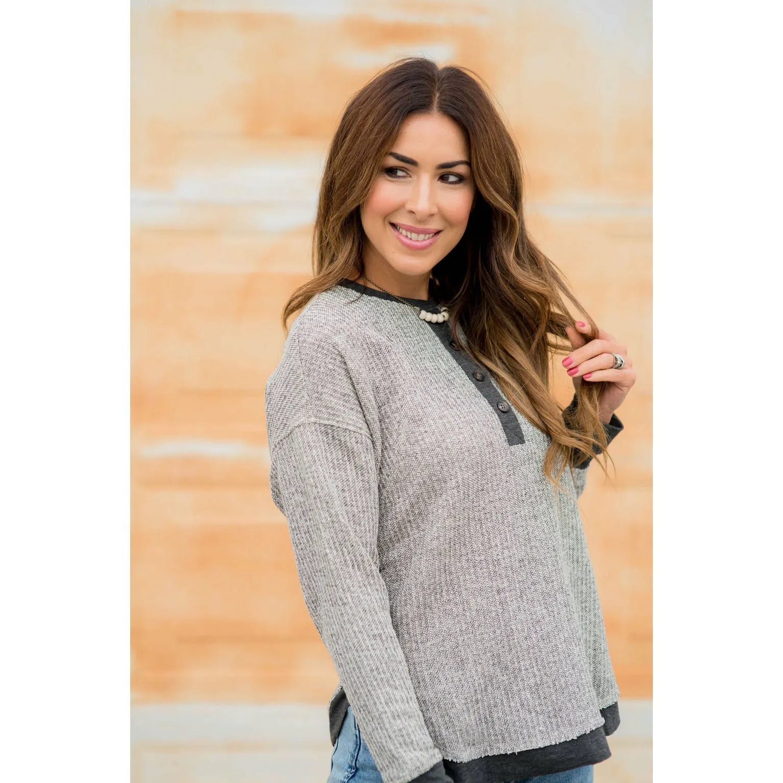 Mock Layered Button Thermal Sweatshirt