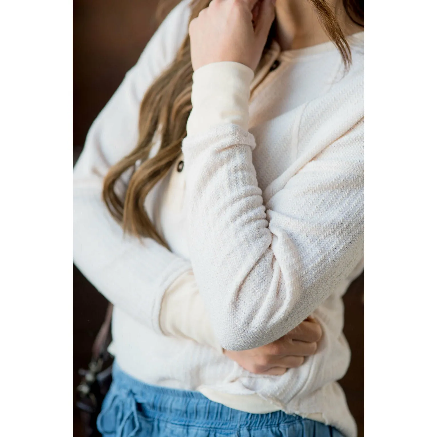 Mock Layered Button Thermal Sweatshirt