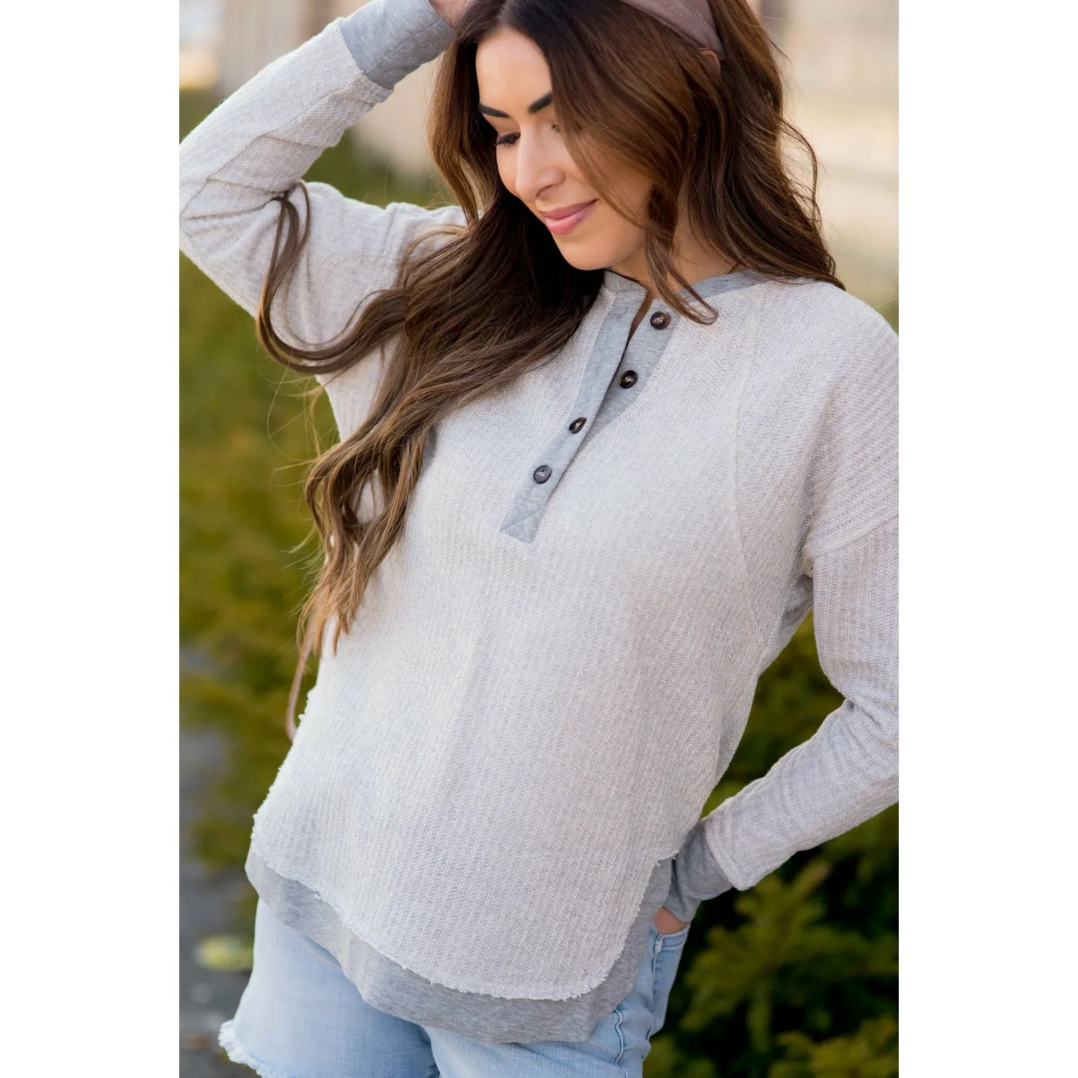 Mock Layered Button Thermal Sweatshirt