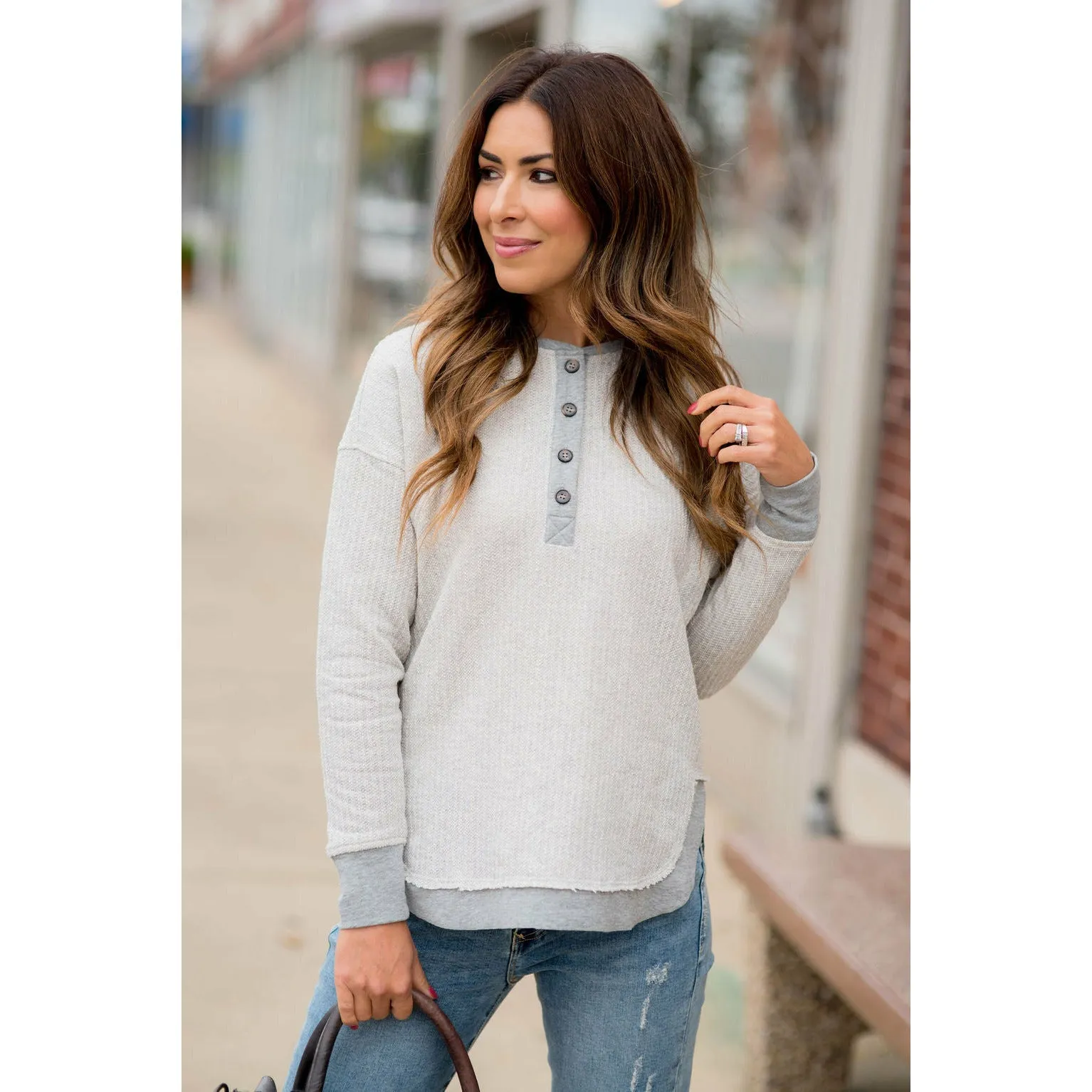 Mock Layered Button Thermal Sweatshirt