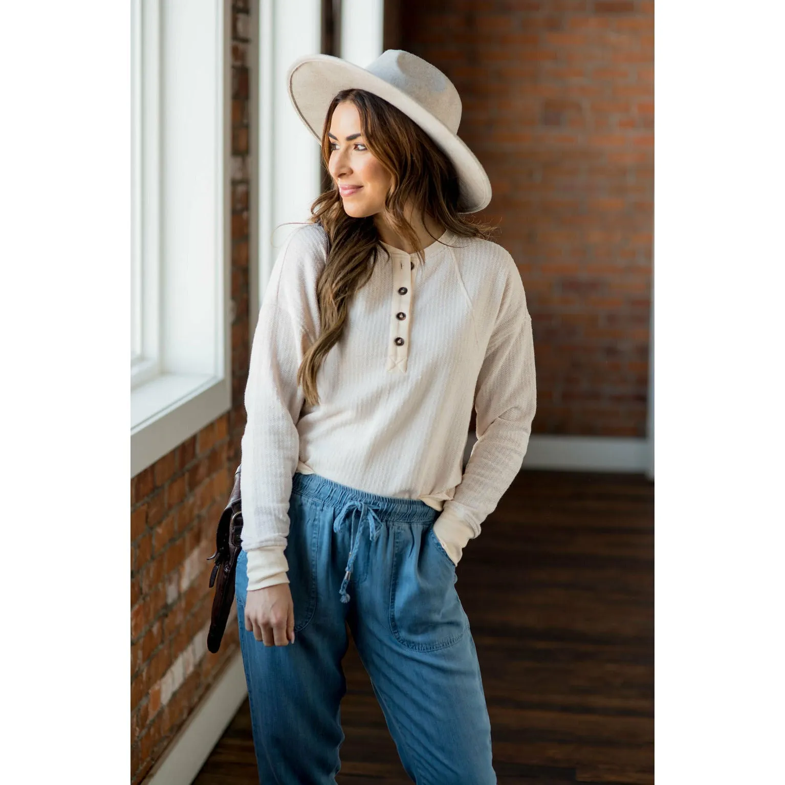 Mock Layered Button Thermal Sweatshirt