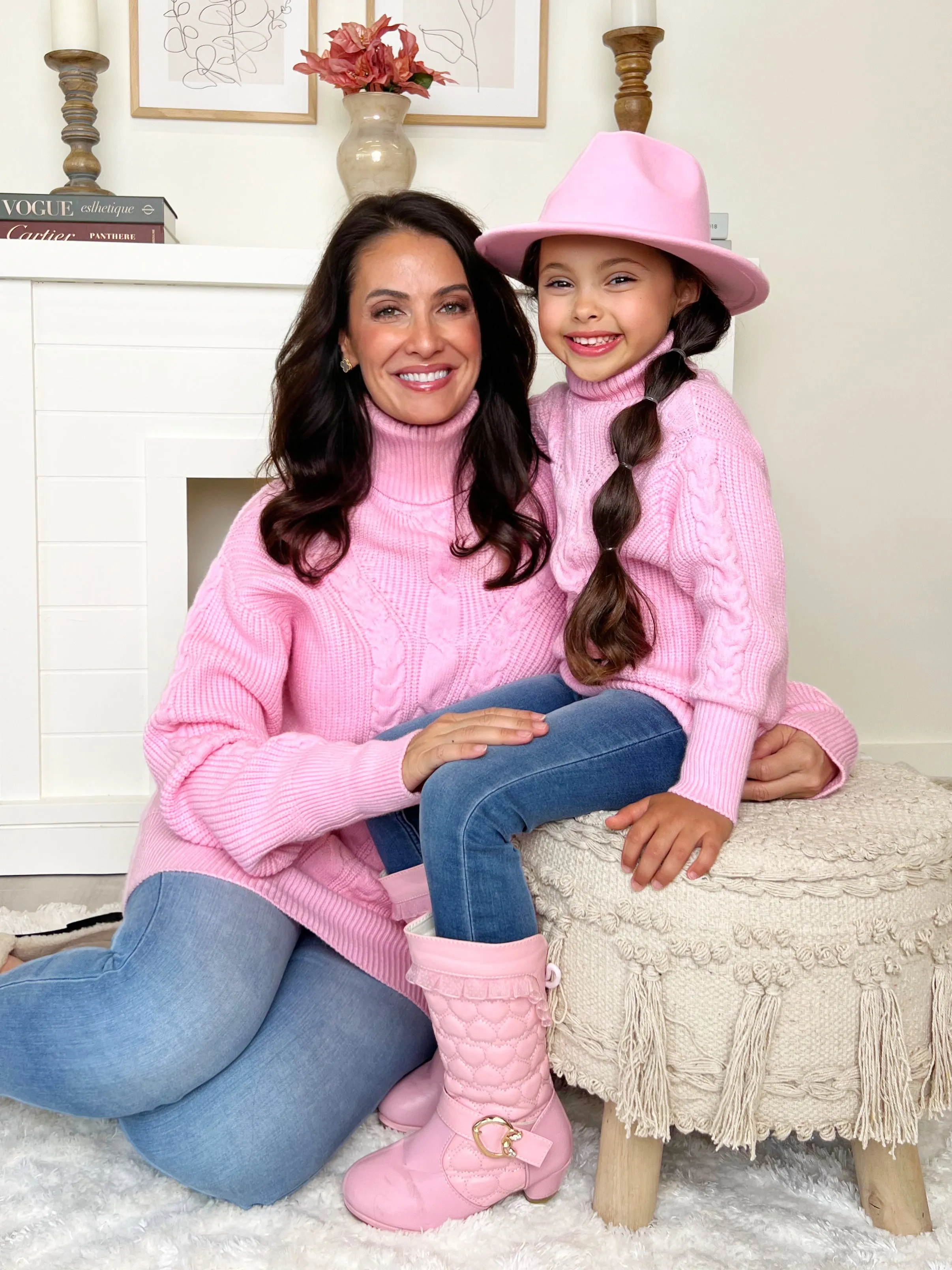 Mommy and Me Pink Oversized Cable Knit Sweater