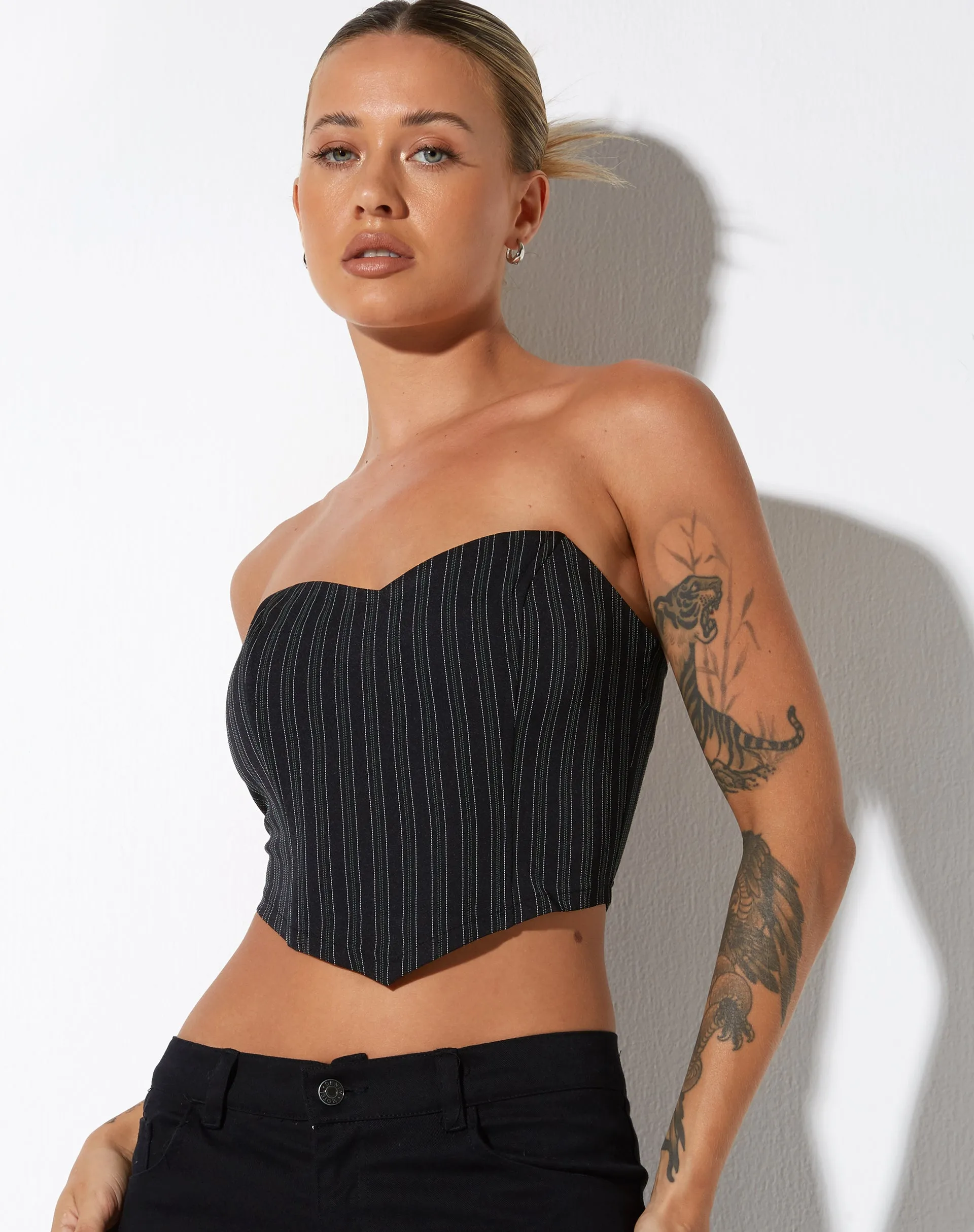 Naima Corset Top in Pinstripe Black