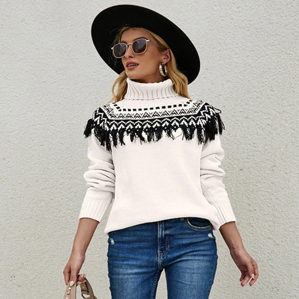 New Cross-border Amazon Fashion Pullover Plus Size Ladies Tassel Knitted Sweater European And American Turtleneck Sweater