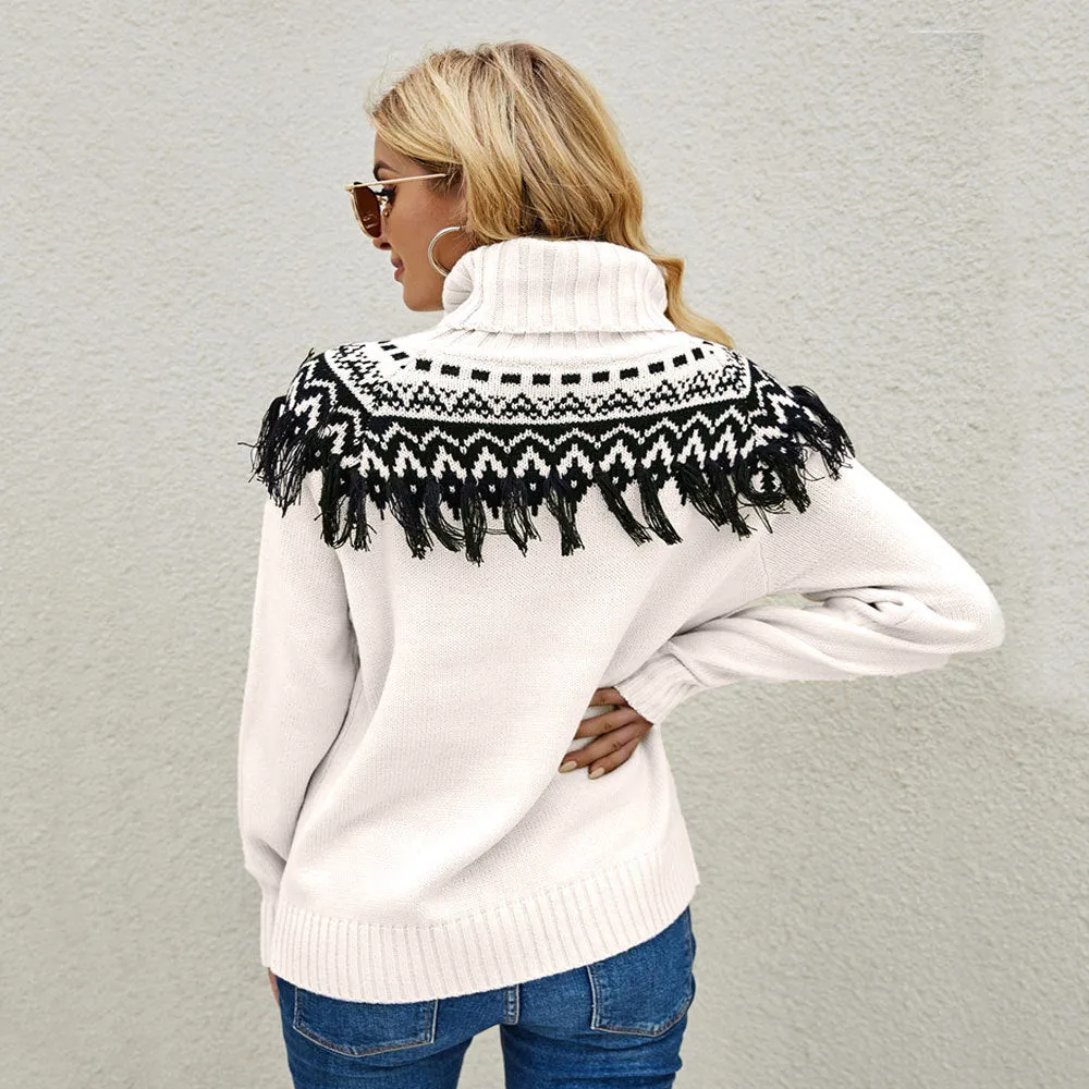 New Cross-border Amazon Fashion Pullover Plus Size Ladies Tassel Knitted Sweater European And American Turtleneck Sweater