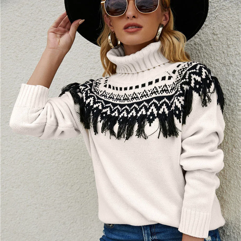 New Cross-border Amazon Fashion Pullover Plus Size Ladies Tassel Knitted Sweater European And American Turtleneck Sweater