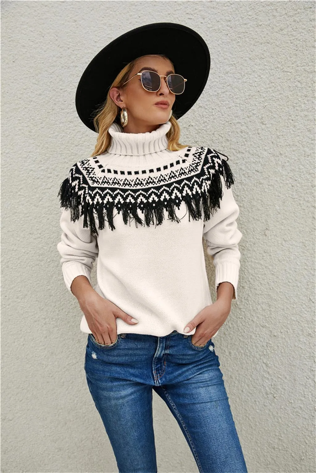 New Cross-border Amazon Fashion Pullover Plus Size Ladies Tassel Knitted Sweater European And American Turtleneck Sweater