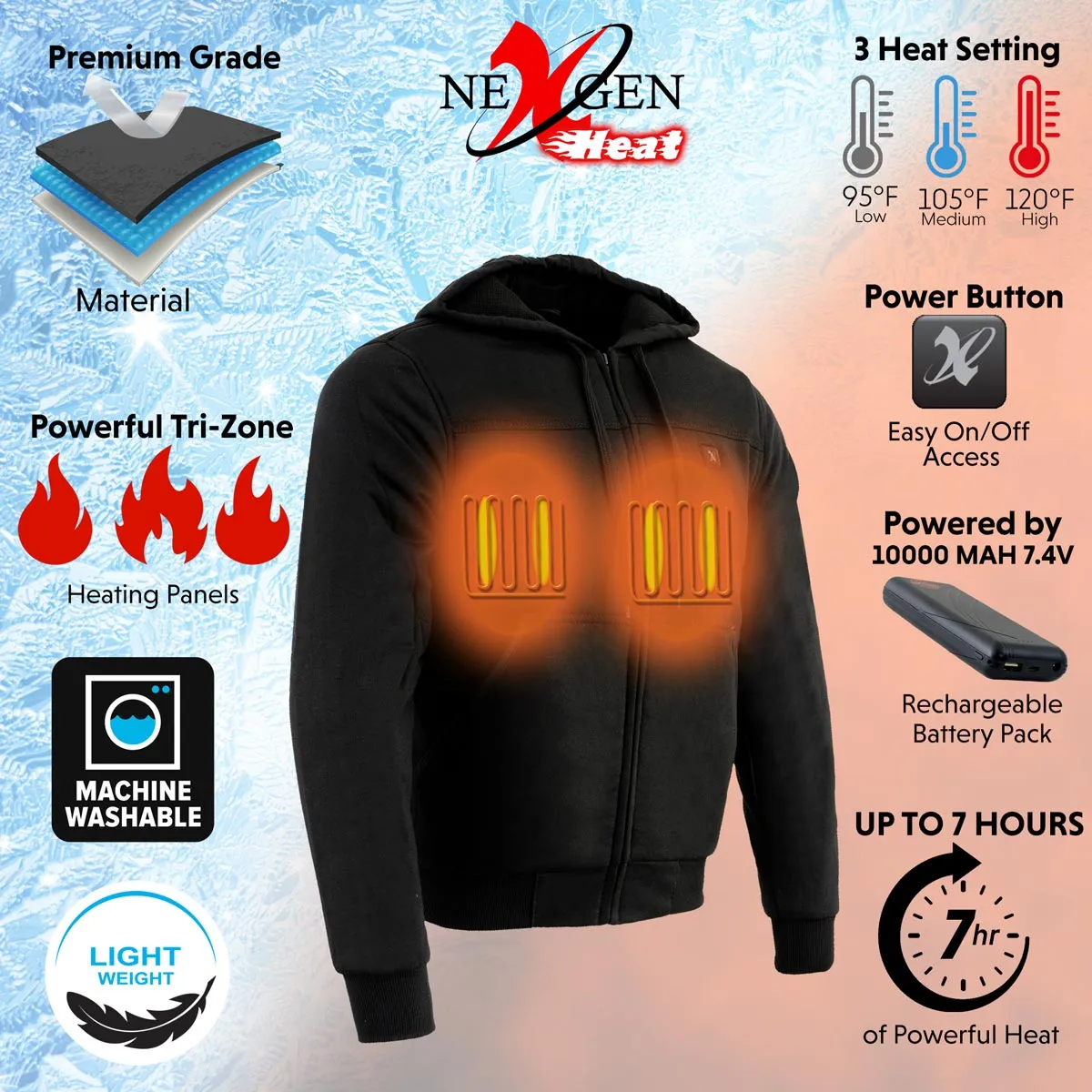 Nexgen Heat MPM1713SET Men's Fiery Black Heated Sweatshirt Jacket Hoodie for Winter w/Battery Pack