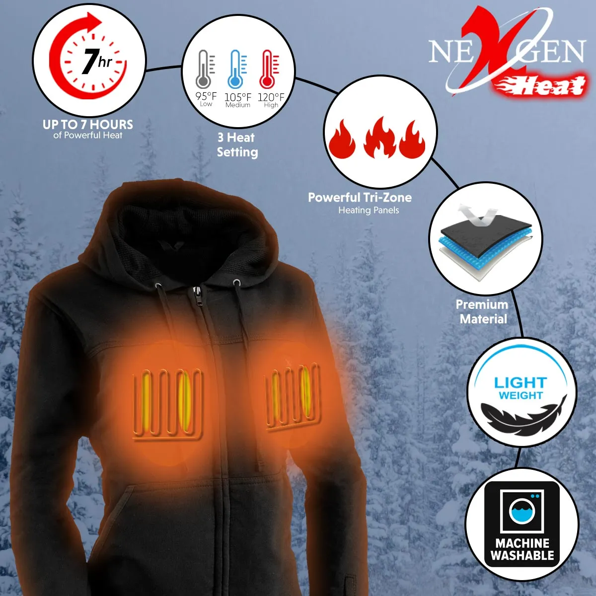 Nexgen Heat NXL2717DUAL Technology Women's Heated Hoodie - Black Sweatshirt Jacket for Winter Season w/Battery Pack