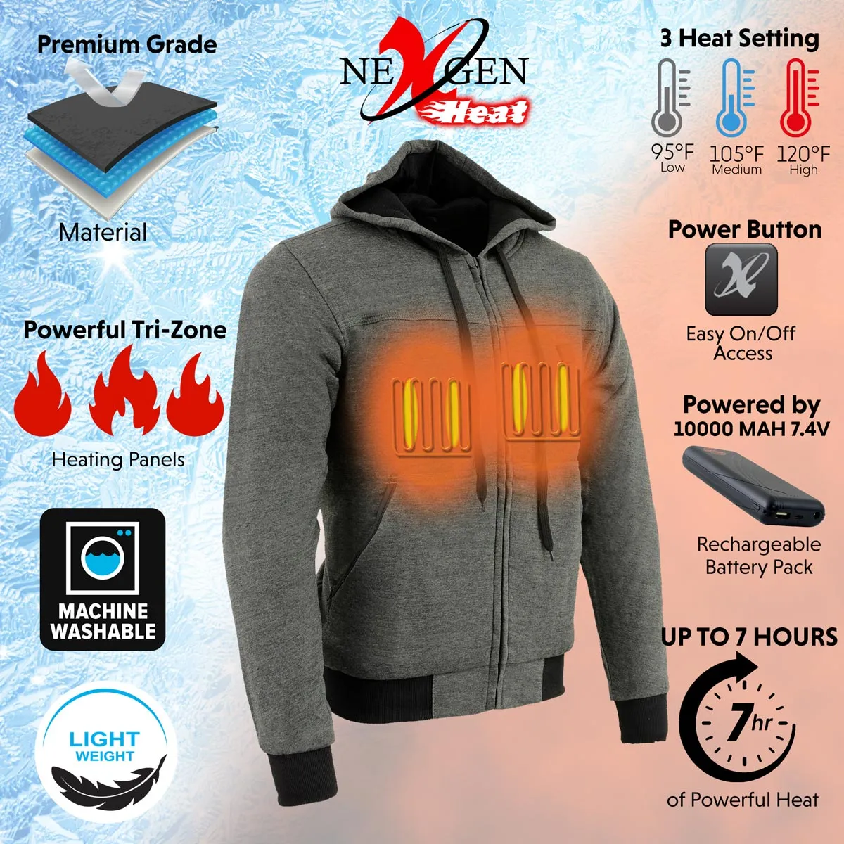 Nexgen Heat NXM1713SET Men's “Fiery’’ Heated Hoodie - Grey Zipper Front Sweatshirt Jacket for Winter w/Battery Pack