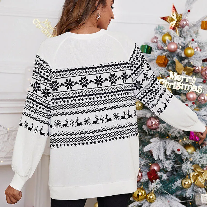 Nordic Fair Isle Crew Neck Long Sleeve Christmas Oversized Top - White