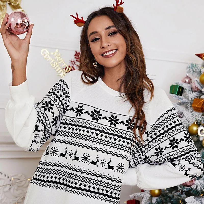 Nordic Fair Isle Crew Neck Long Sleeve Christmas Oversized Top - White