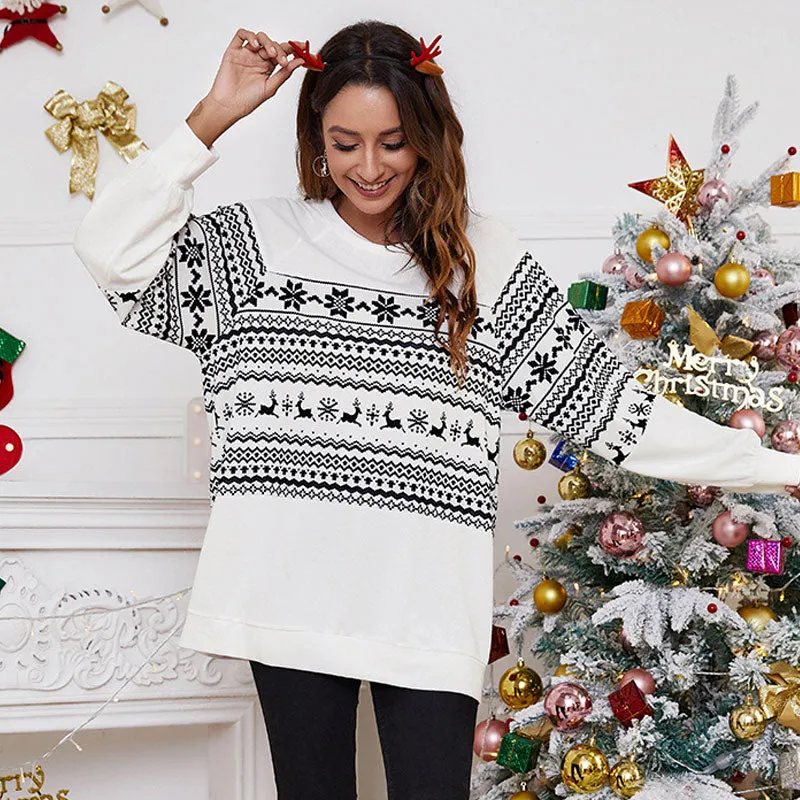 Nordic Fair Isle Crew Neck Long Sleeve Christmas Oversized Top - White