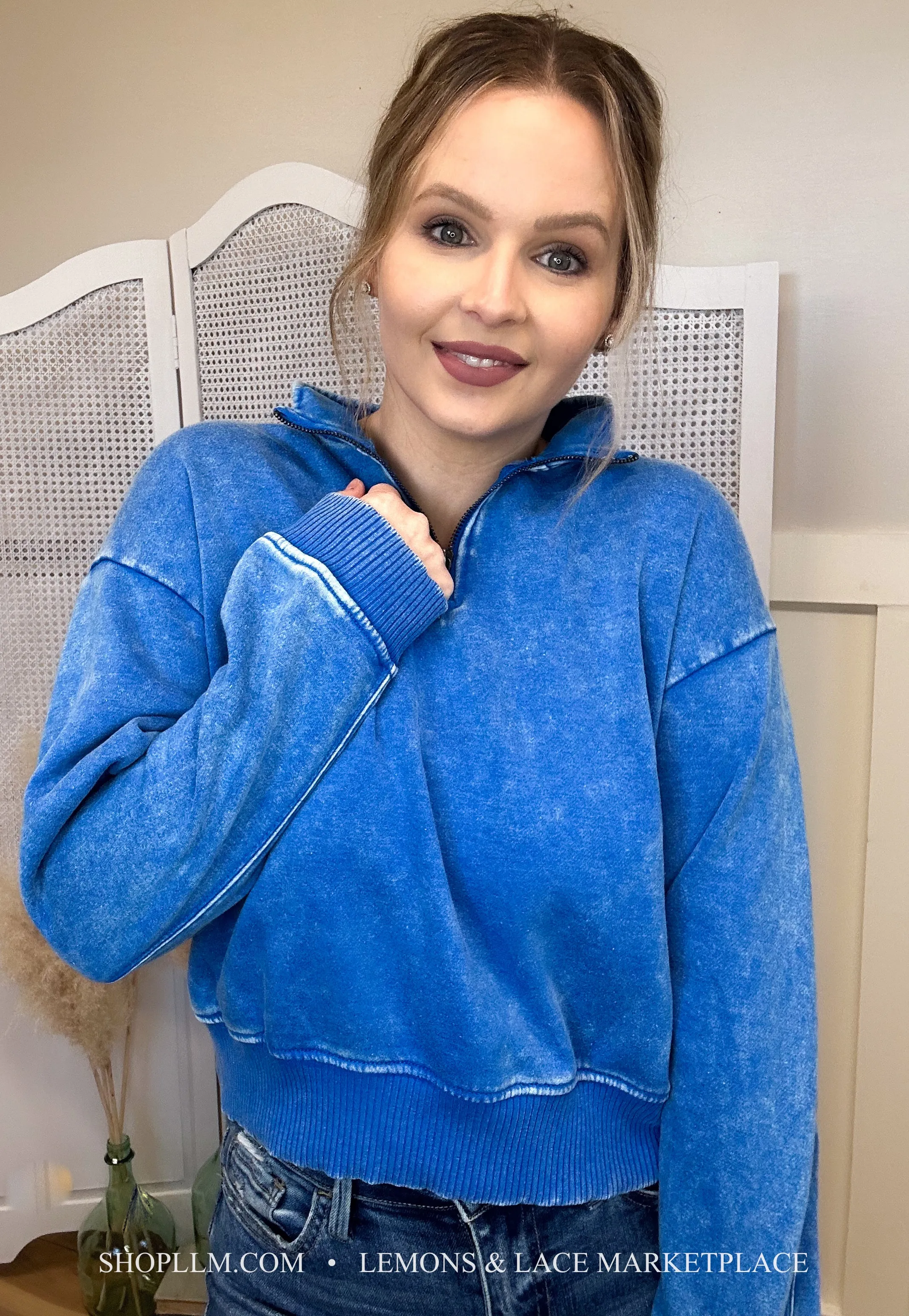 Ocean Blue Acid Wash Fleece Pullover