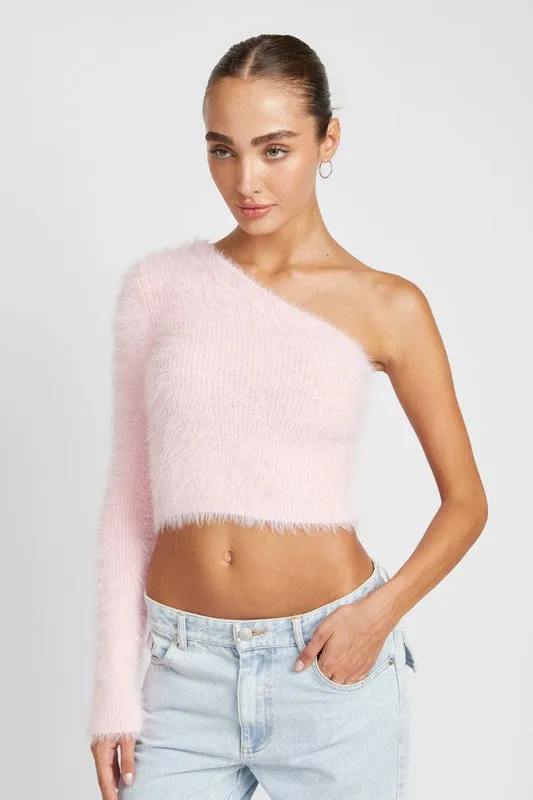 One shoulder fluffy crop sweater