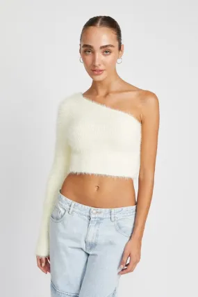 One shoulder fluffy crop sweater