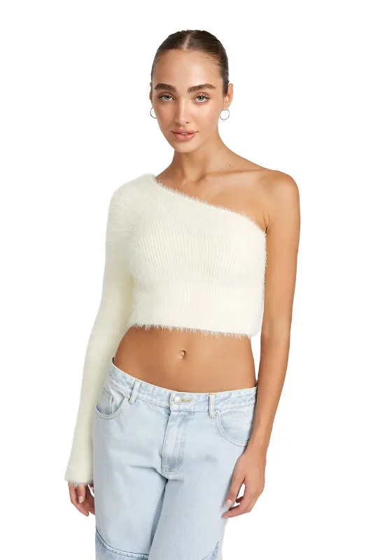 ONE SHOULDER FLUFFY SWEATER TOP