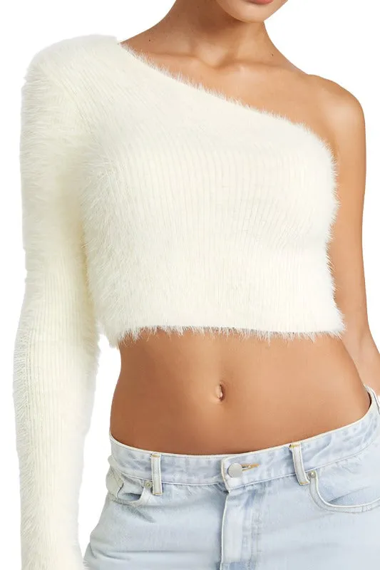 ONE SHOULDER FLUFFY SWEATER TOP