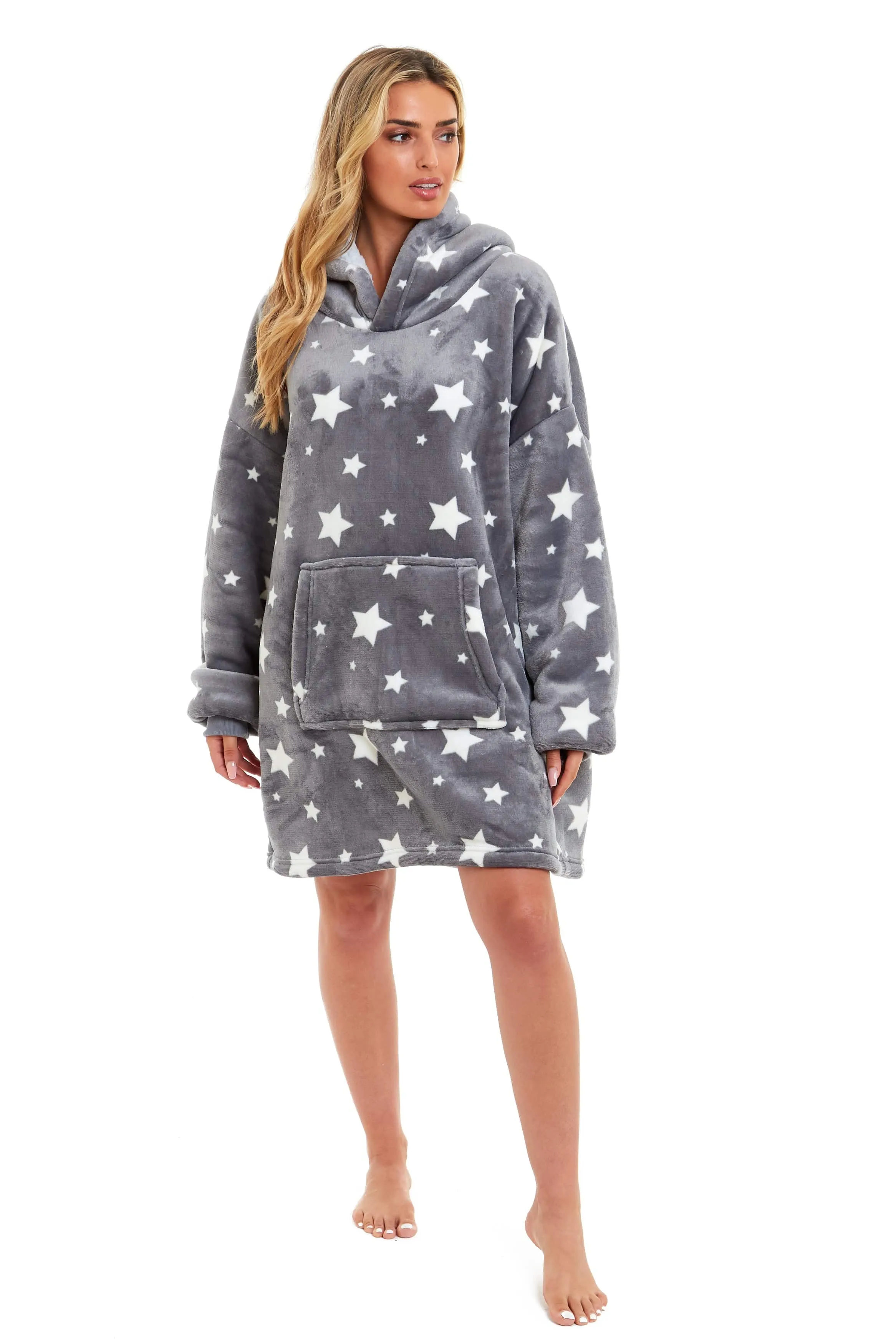 Oversized Hooded Blanket Ultra Soft Reversible Sherpa and Plush Fleece Grey Stars Giant Hoodie Sweatshirt for Adults and Kids by Daisy Dreamer