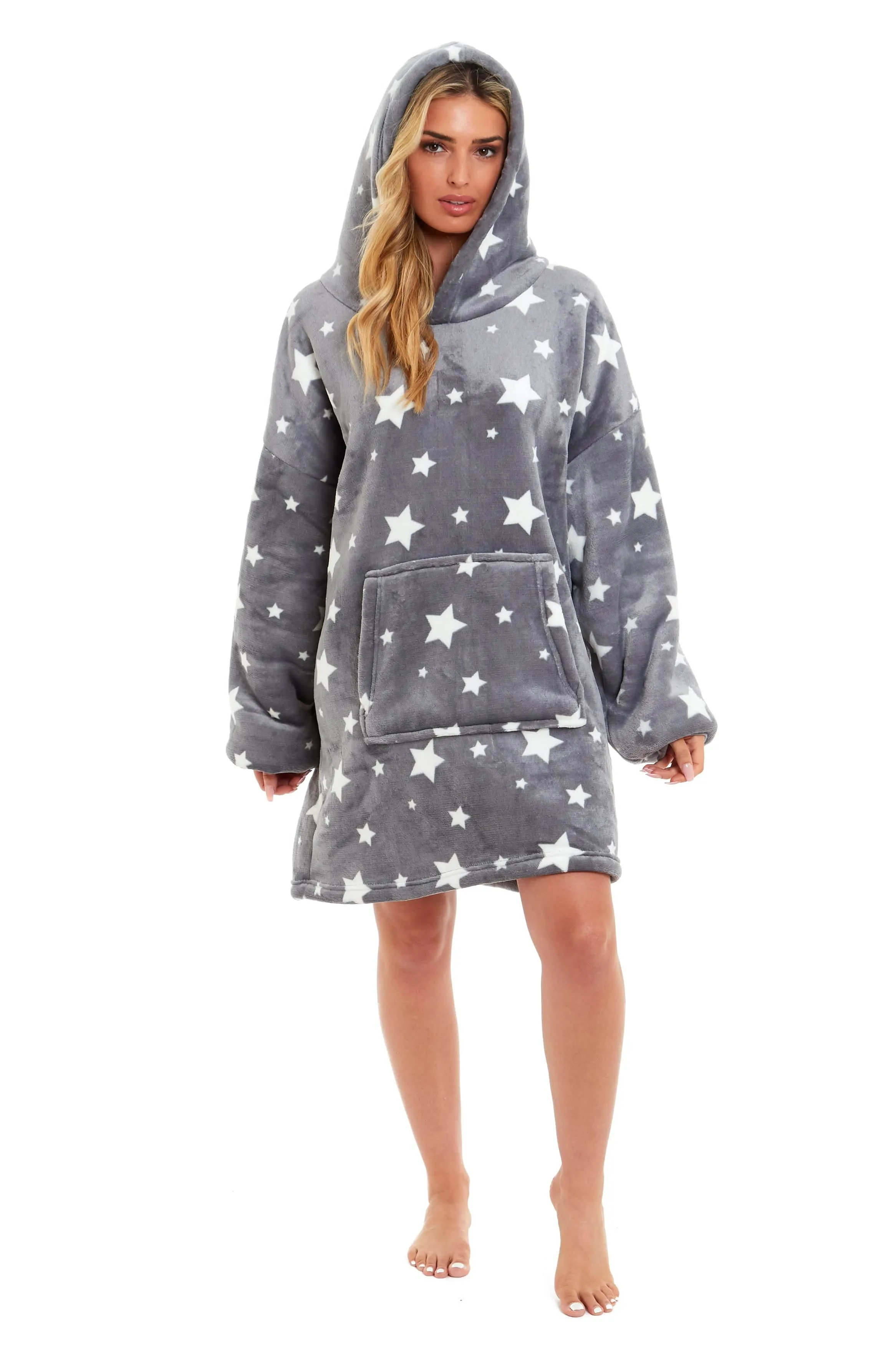 Oversized Hooded Blanket Ultra Soft Reversible Sherpa and Plush Fleece Grey Stars Giant Hoodie Sweatshirt for Adults and Kids by Daisy Dreamer