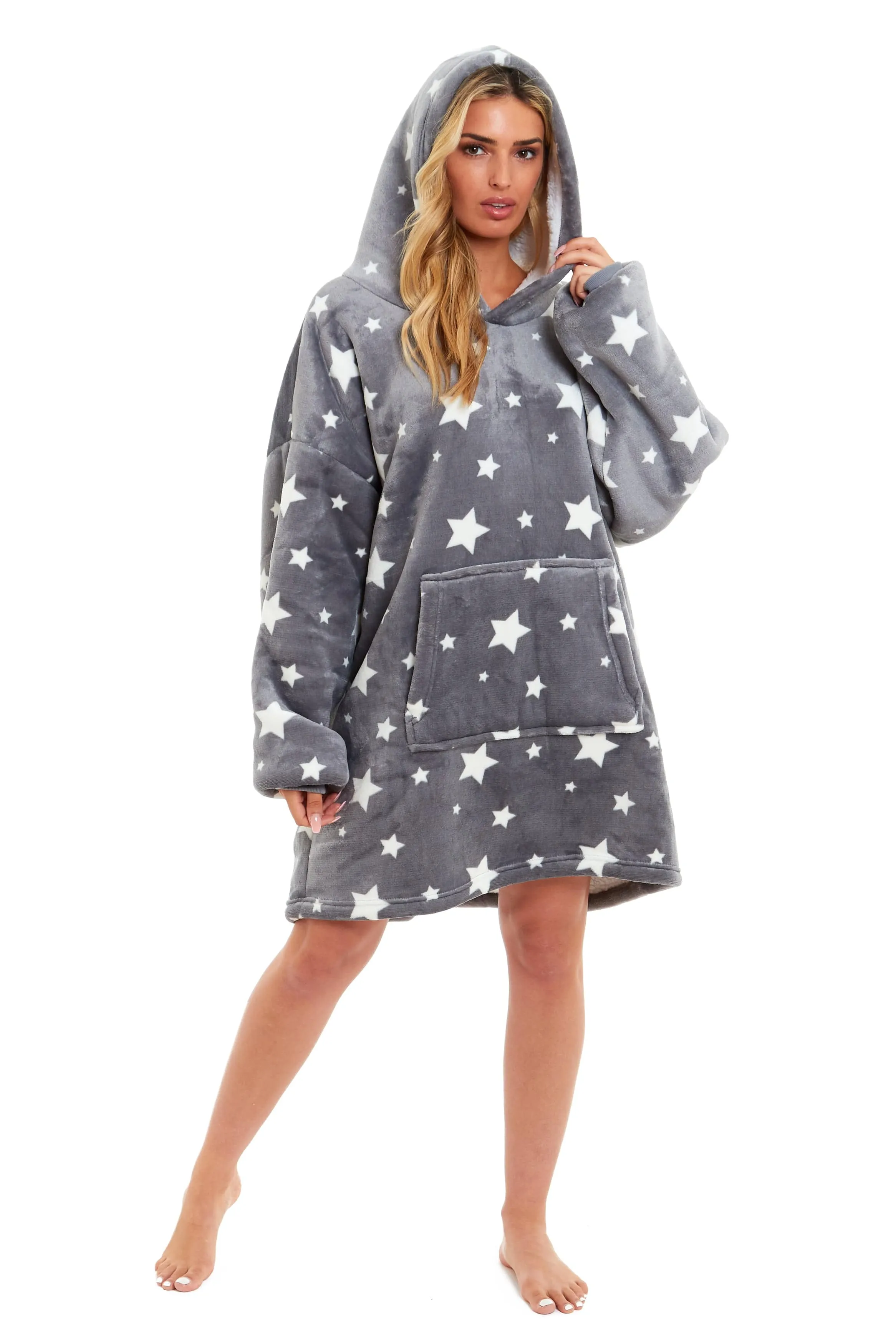 Oversized Hooded Blanket Ultra Soft Reversible Sherpa and Plush Fleece Grey Stars Giant Hoodie Sweatshirt for Adults and Kids by Daisy Dreamer