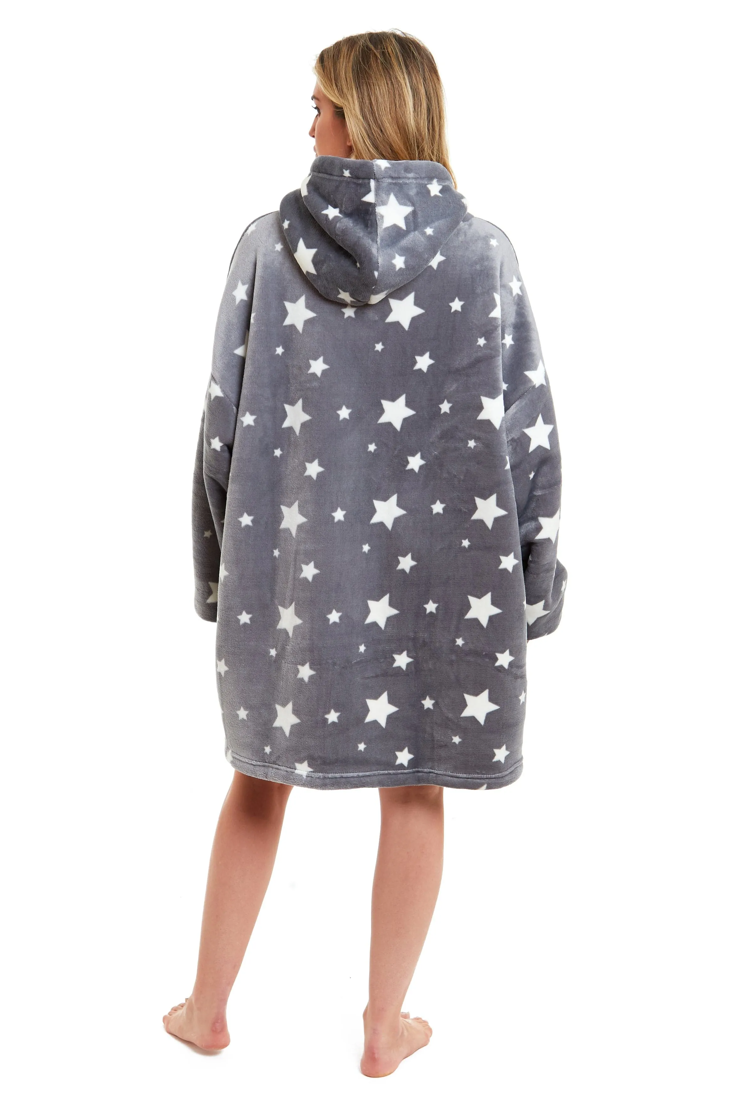 Oversized Hooded Blanket Ultra Soft Reversible Sherpa and Plush Fleece Grey Stars Giant Hoodie Sweatshirt for Adults and Kids by Daisy Dreamer