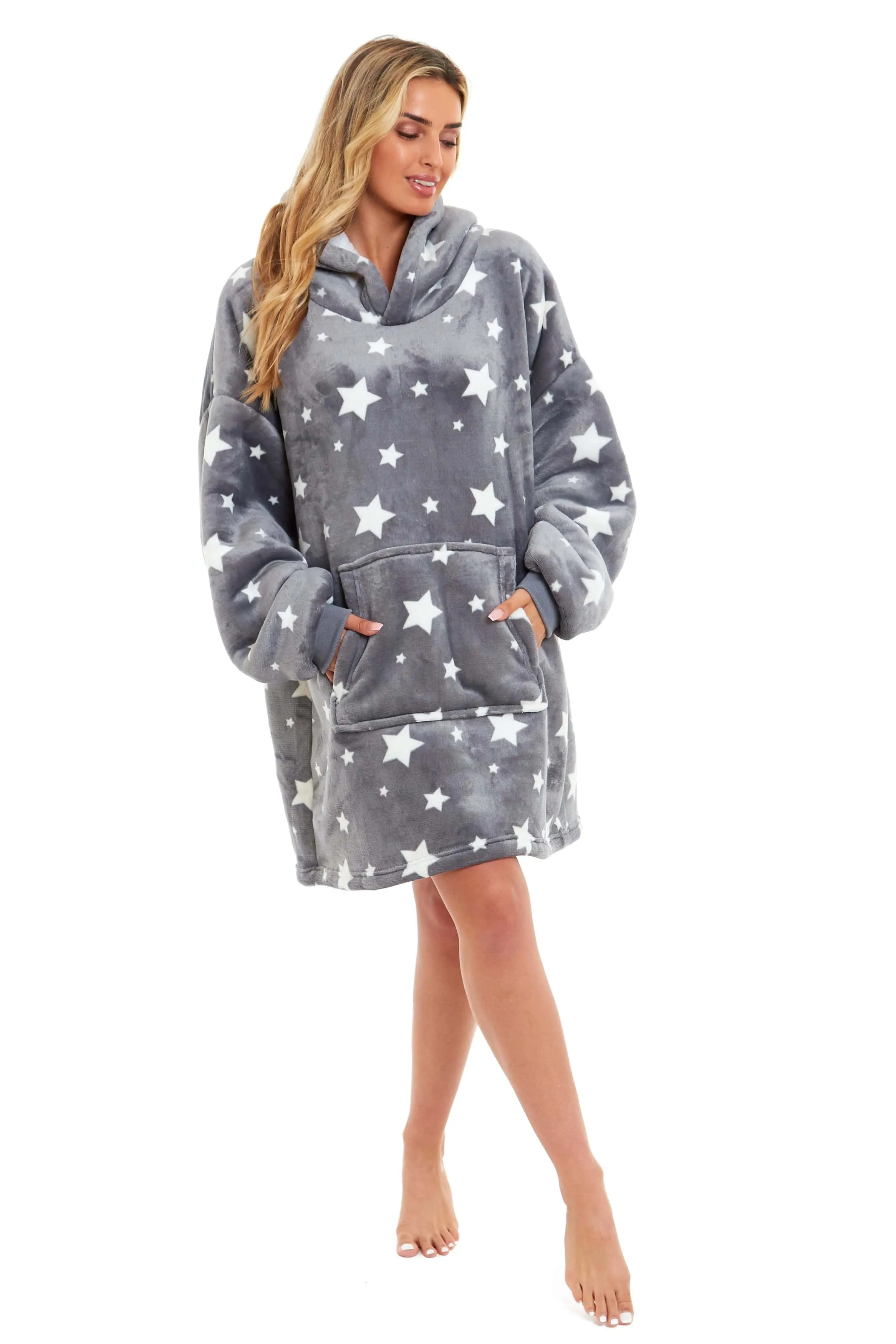 Oversized Hooded Blanket Ultra Soft Reversible Sherpa and Plush Fleece Grey Stars Giant Hoodie Sweatshirt for Adults and Kids by Daisy Dreamer