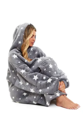 Oversized Hooded Blanket Ultra Soft Reversible Sherpa and Plush Fleece Grey Stars Giant Hoodie Sweatshirt for Adults and Kids by Daisy Dreamer