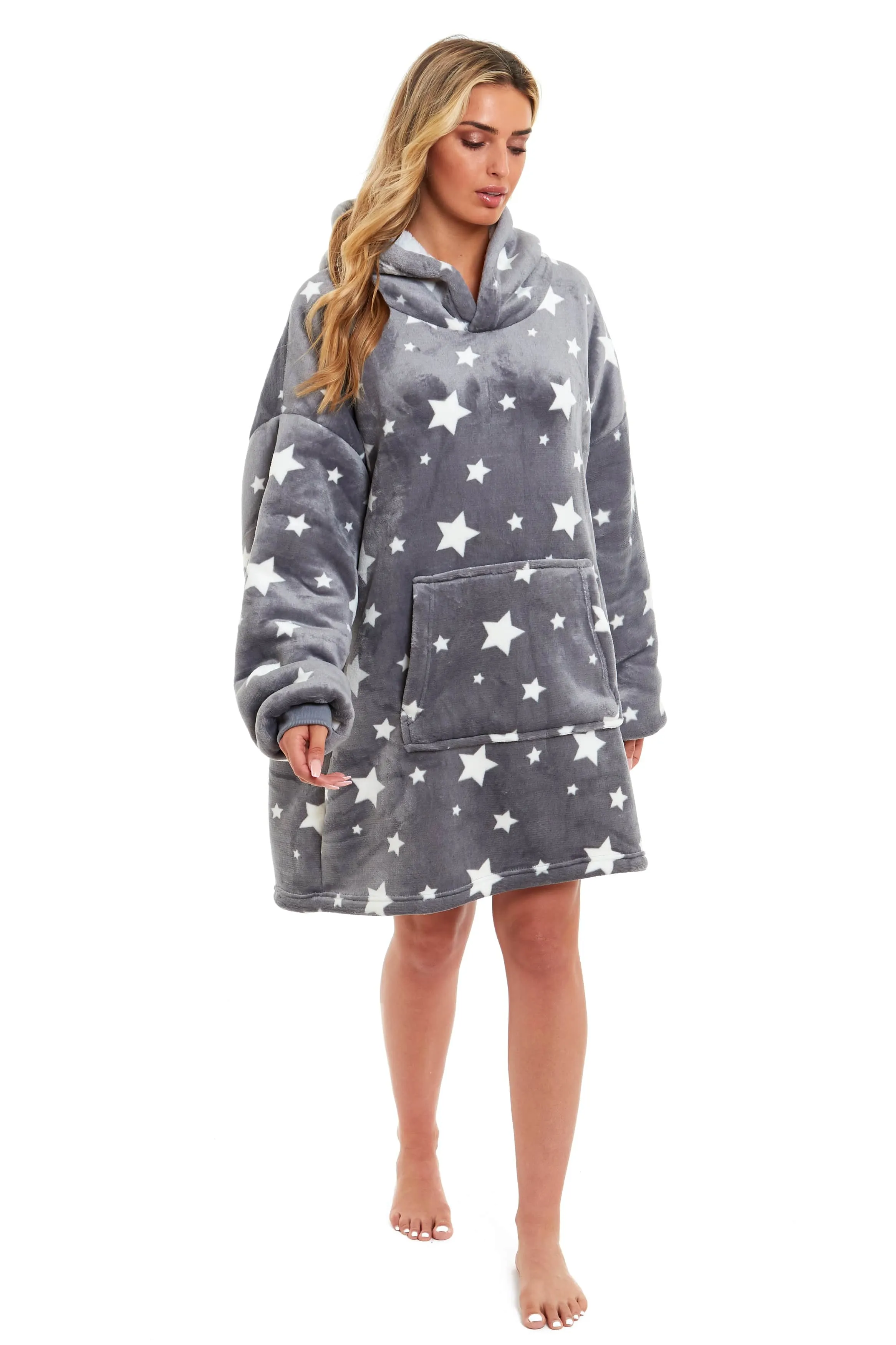 Oversized Hooded Blanket Ultra Soft Reversible Sherpa and Plush Fleece Grey Stars Giant Hoodie Sweatshirt for Adults and Kids by Daisy Dreamer