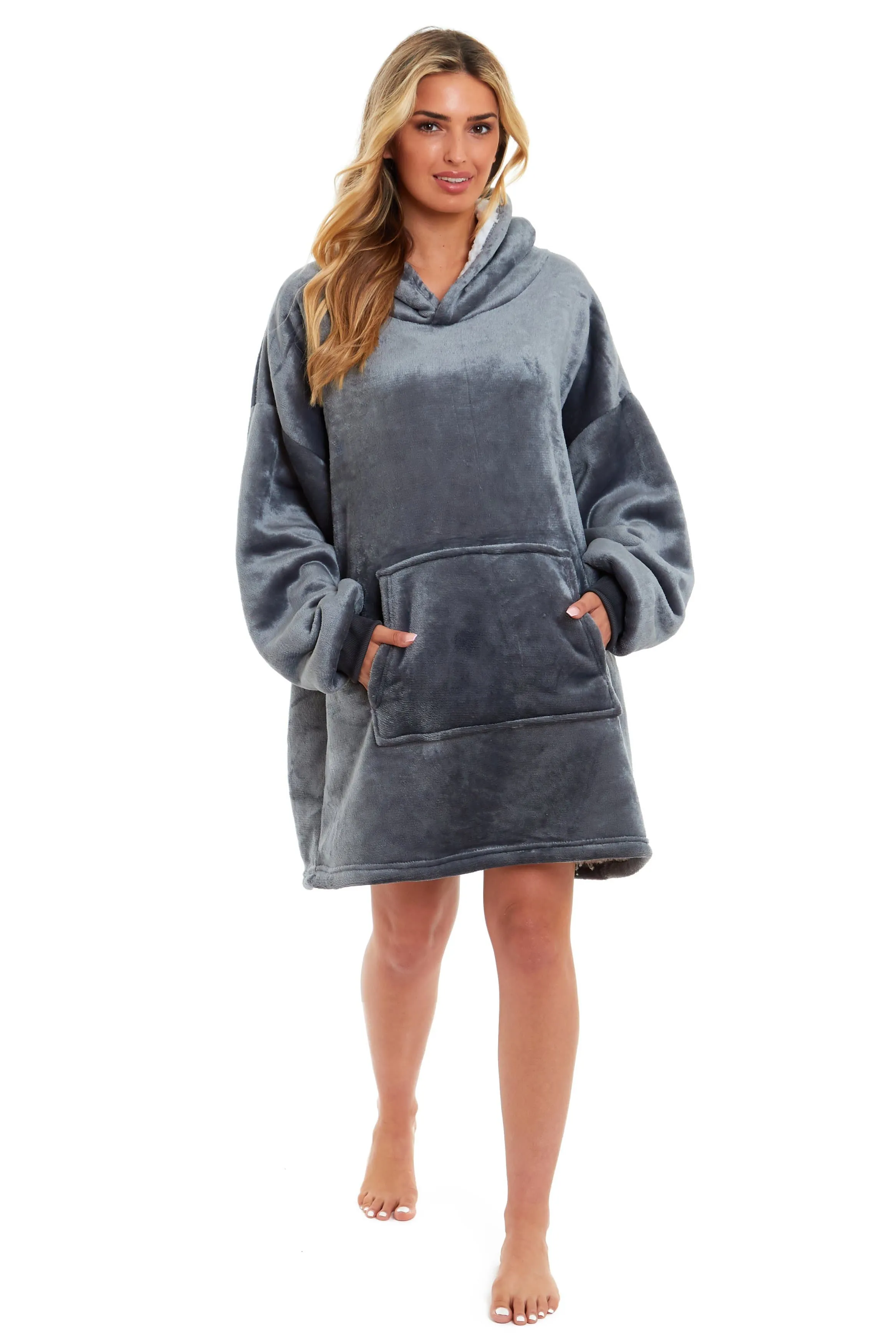 Oversized Reversible Sherpa and Plush Fleece Hooded Blanket Grey and Pink Ultimate Warmth and Comfort Hoodie for Adults and Kids by Daisy Dreamer