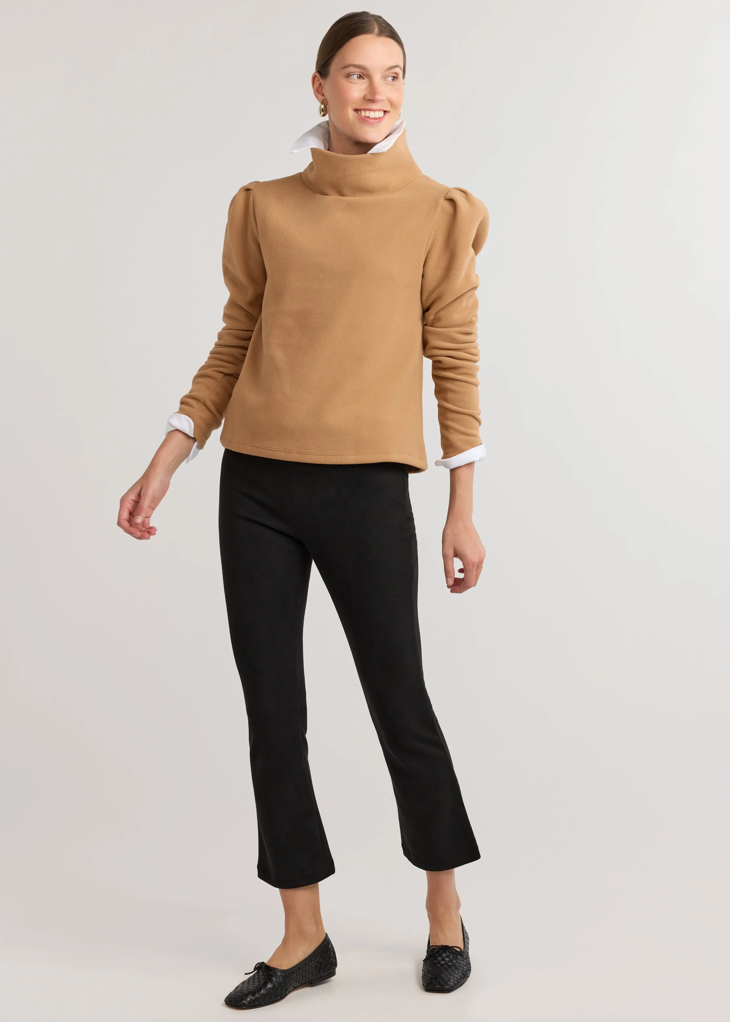 Palmer Puff Sleeve Turtleneck in Vello Fleece (Camel)