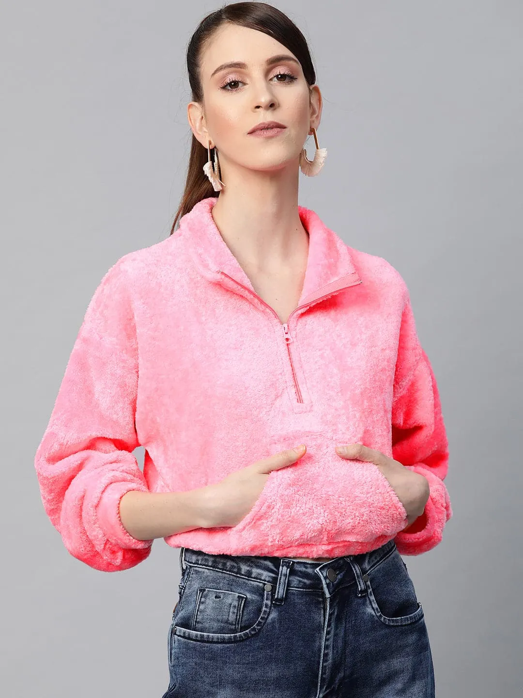 Pink Kangaroo Pocket Faux Fur Crop Sweatshirt