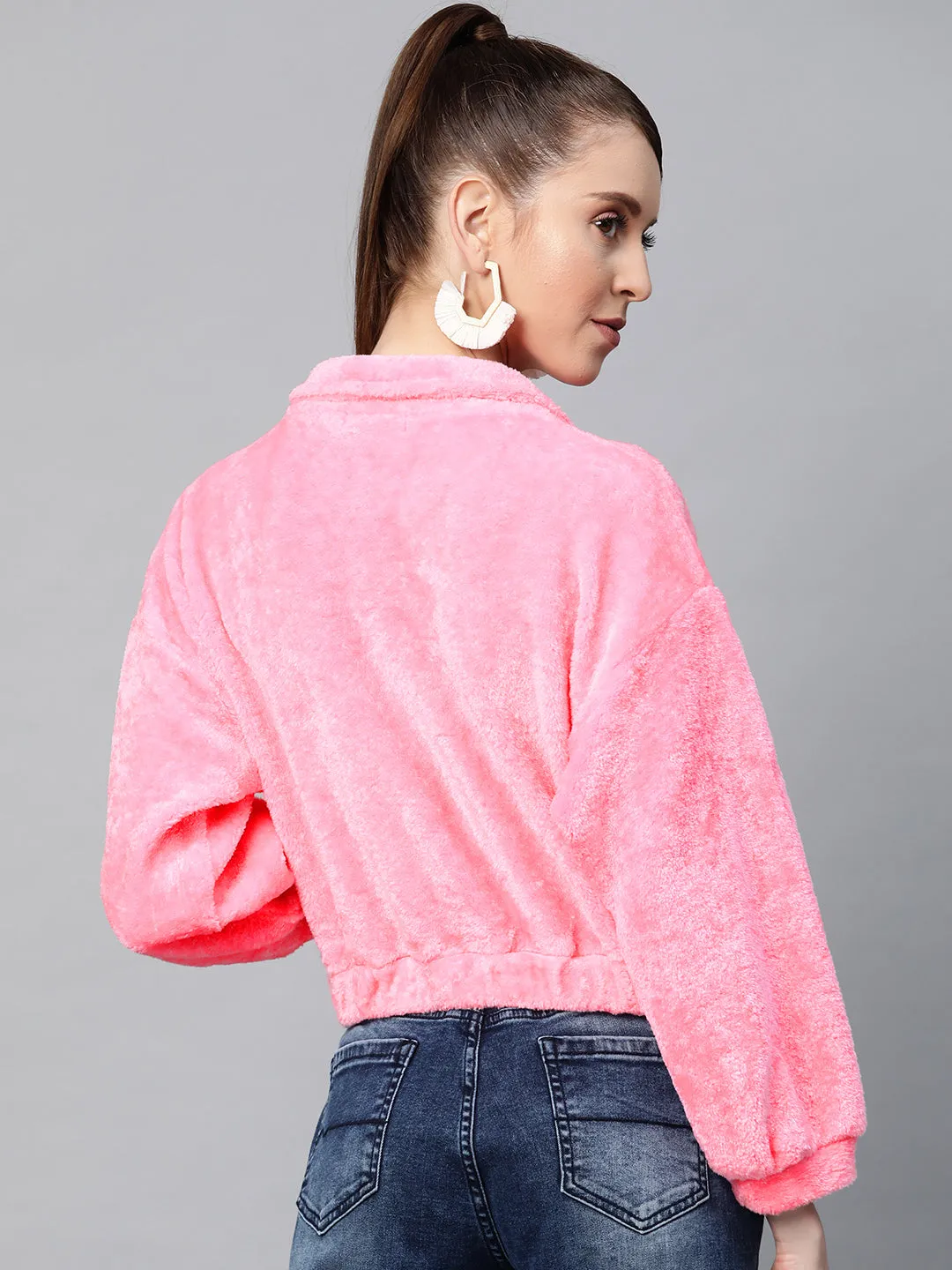 Pink Kangaroo Pocket Faux Fur Crop Sweatshirt