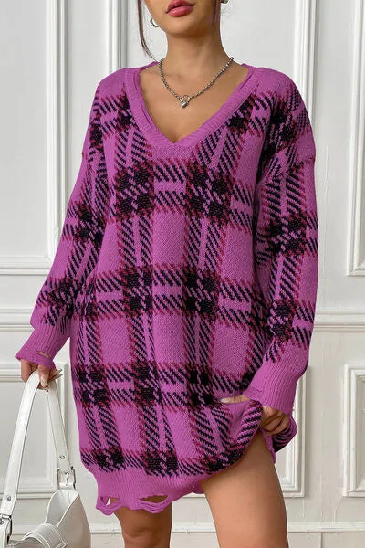 Plaid V-Neck Long Sleeve Sweater Dress