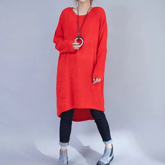 plus size casual woolen dresses red fashion low high sweater dress