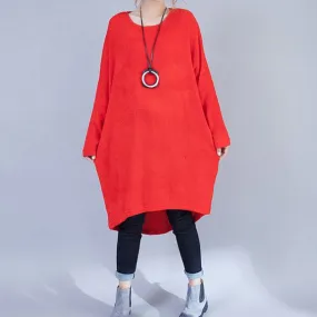 plus size casual woolen dresses red fashion low high sweater dress