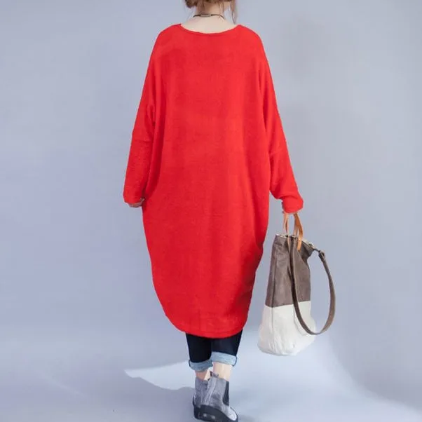 plus size casual woolen dresses red fashion low high sweater dress